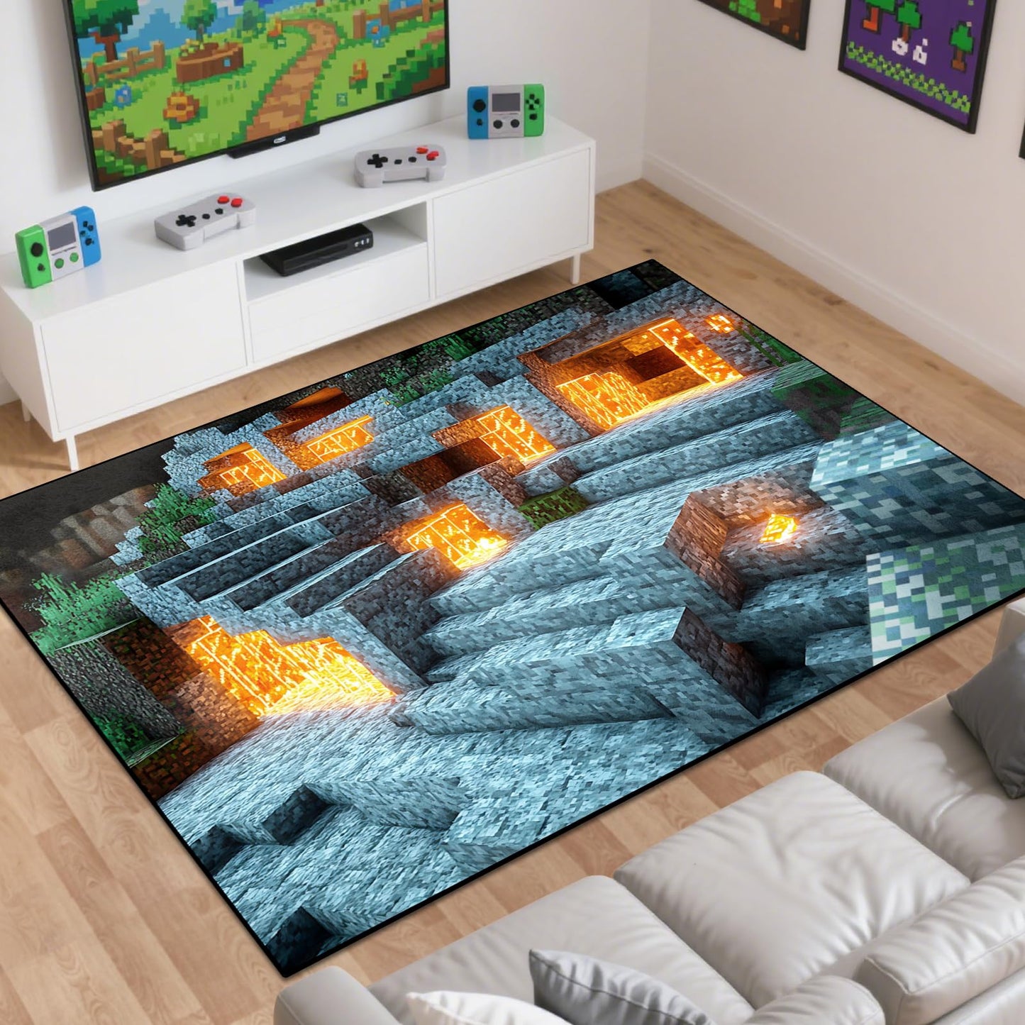 Block Game Rug Teen Kids Carpet, Pixel Games Scene Decoration Mat, Washable Game Rugs for Boy’s Bedroom Living Room Playroom, Non-Slip Children Gaming Area Rugs (Blue Rock Lava, 70" x 55")