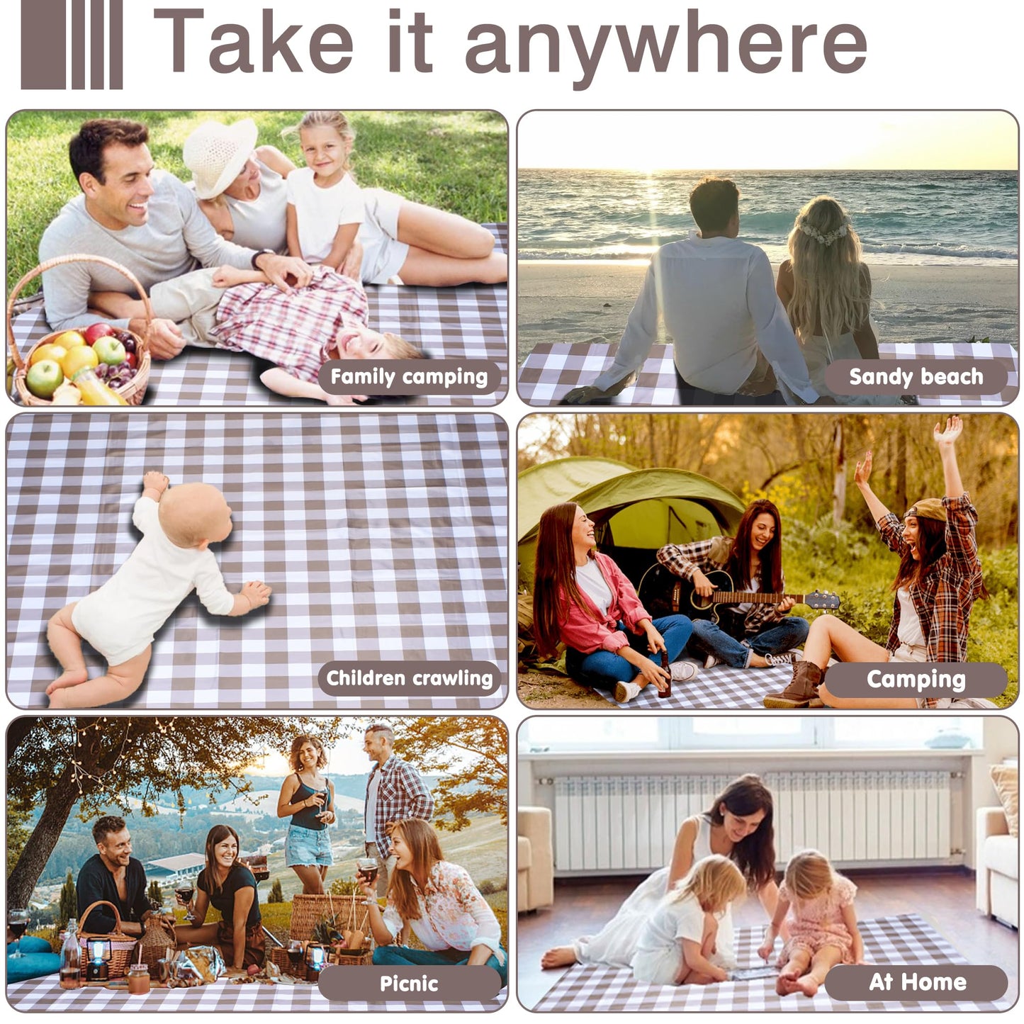 ALLBFENG 80"x60" Waterproof Sandproof Picnic Mat - Portable Foldable Outdoor Blanket for Beach, Park, Travel & Indoor Use - Lightweight Compact Design, Easy-Carry (Light Brown)