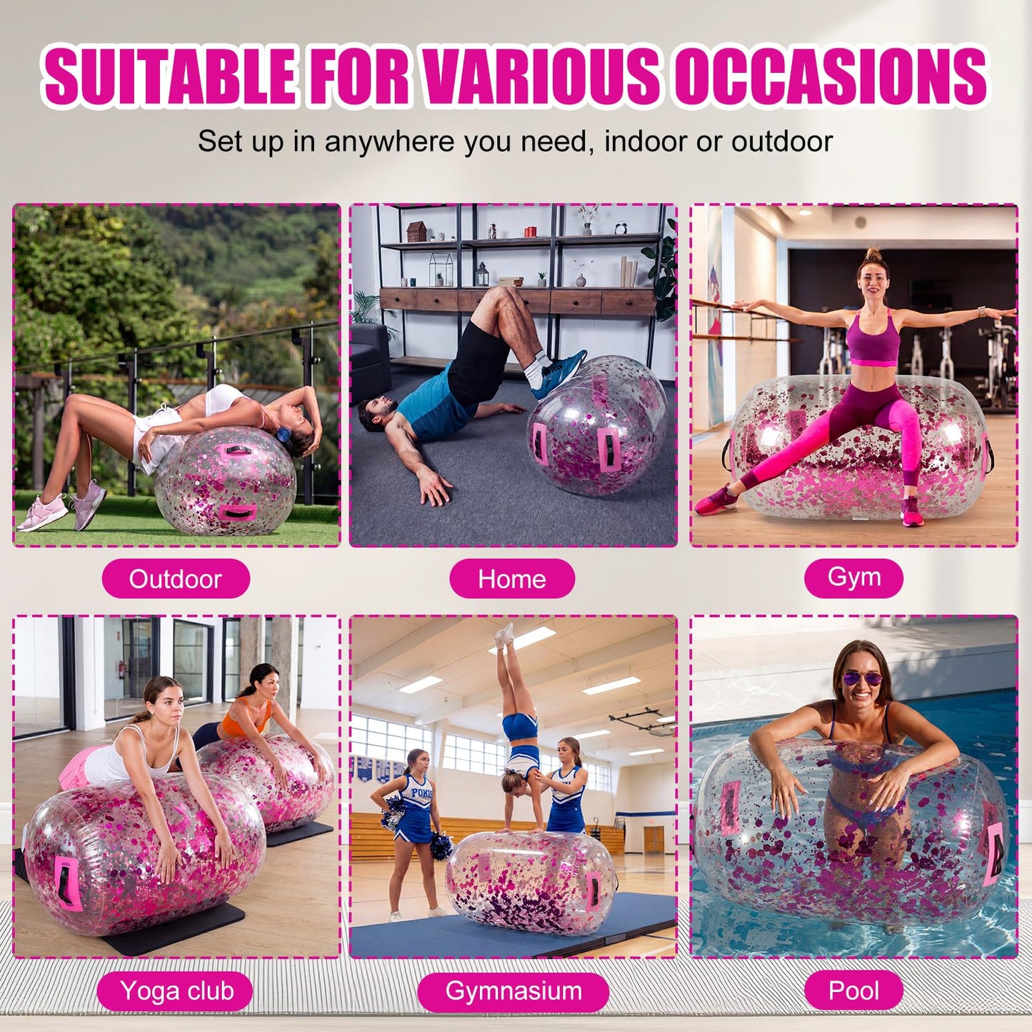 Gemscream Gymnastics Barrel Inflatable Air Roller Mat 40" x 24" Glitter Tumbling Air Barrel Gymnastic Cylinder Tumble Equipment for Back Handspring Trainer Cheerleading Yoga Home Use(Glitter Pink)