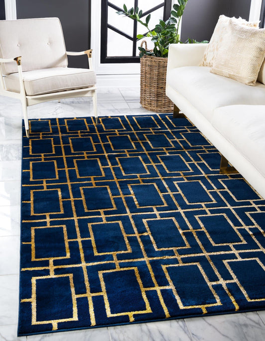 Unique Loom Glam Collection Area Rug - Deco (10'x 14' 1" Rectangle, Navy Blue Gold/ Gold)