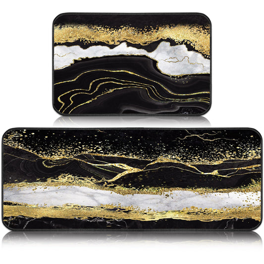 Bencailor Sets of 2 Marble Kitchen Rugs and Mats Black Gold Non Slip Kitchen Rugs Washable Door Mats for Home Floor Winter Bathroom Cabin Decor, 29 x 17 Inch and 47 x 17 Inch