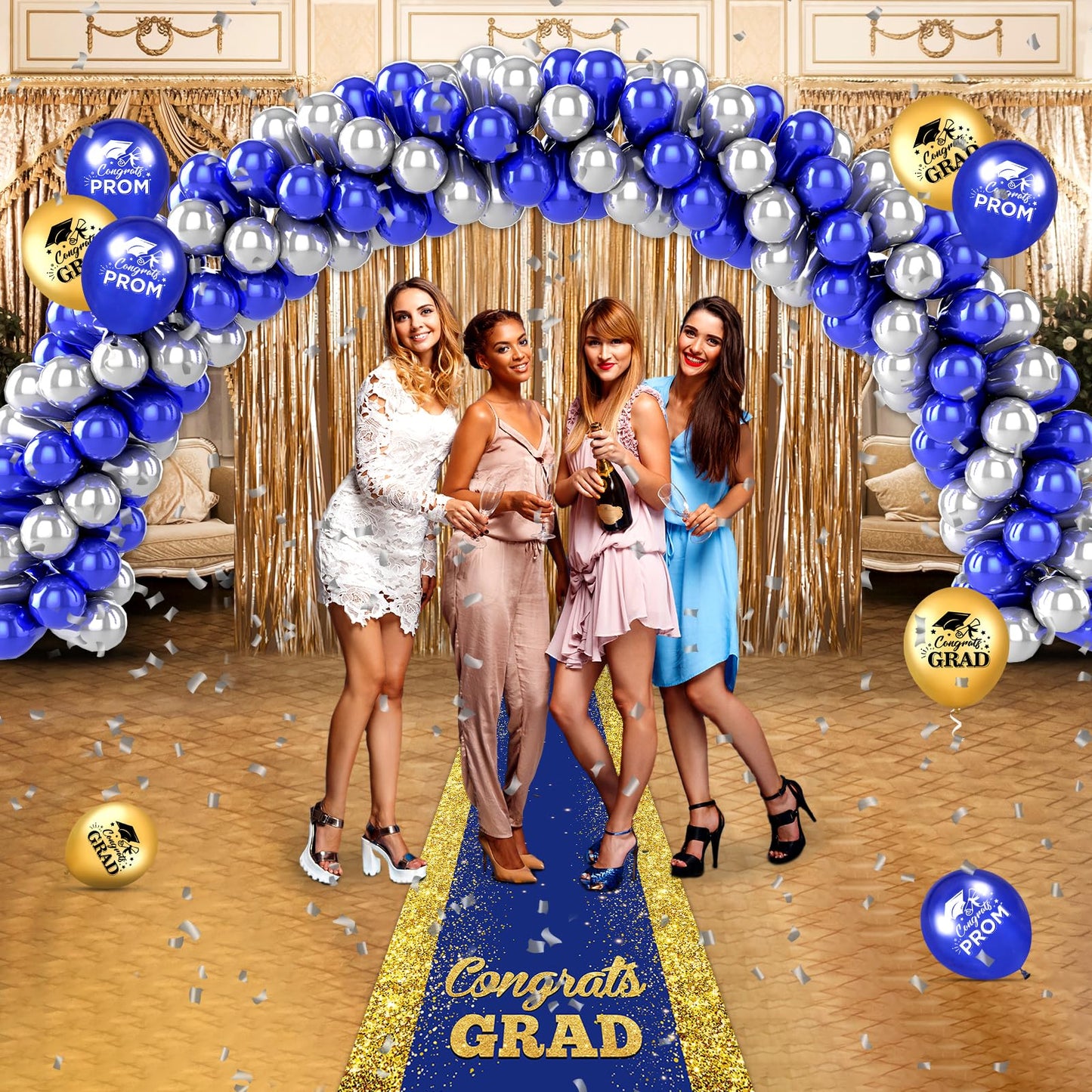 Blue Carpet Runner for Party, 10 x 2.6ft, Blue Gold Graduation Prom Decorations Polyester Fabric Runway Rug for Prom Party Decor Blue Aisle Runner for High School College Scholar Graduation Ceremony