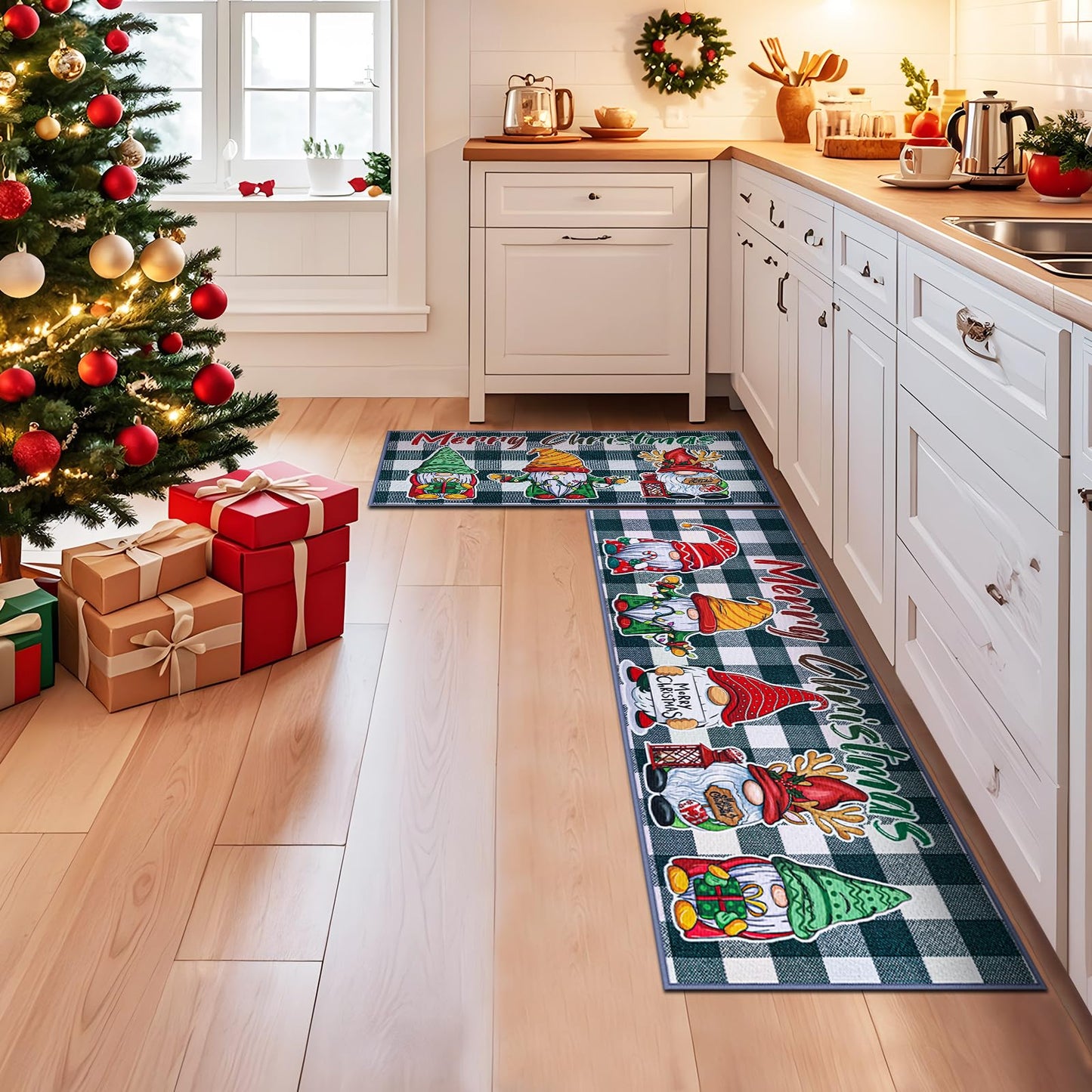 JSVSLTD Christmas Kitchen Rugs, Set of 2 Kitchen Floor Mat Christmas Decorations for Home, Non-Slip Anti Fatigue Kitchen Mats (17"x47"+17"x29", Gnome)