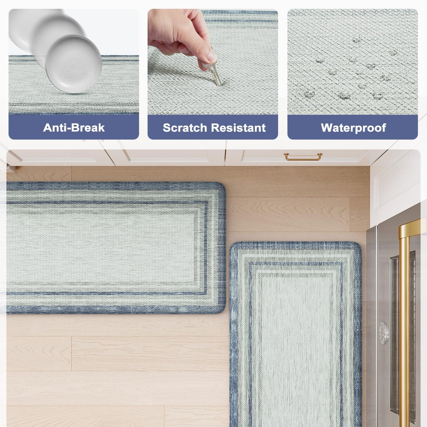 KIMODE Anti Fatigue Kitchen Mat 2PCS Non-Skid Waterproof Kitchen Rugs Farmhouse Kitchen Mat for Floor Laundry Room Rug,Cushioned Comfort Foam Standing Mat for Office Sink Desk Blue and Gray Home Decor