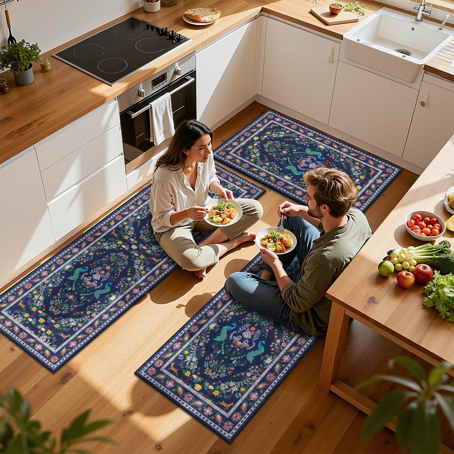 HEBE Washable Kitchen Rugs Sets of 3, Non Slip Absorbent Kitchen Rugs and Mats, Farmhouse Stain Resistant Kitchen Mat Carpet Runner for Kitchen Floor, Laundry Room, Hallway
