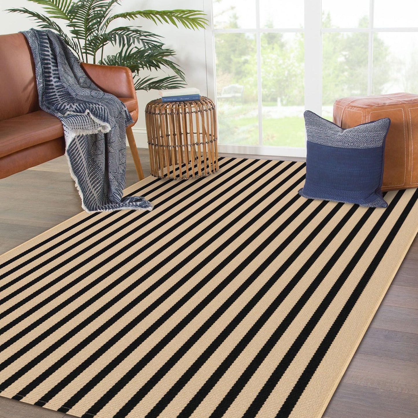 KOZYFLY Brown and Black Striped Rug 4x6 Ft Area Rug Washable Indoor Outdoor Rug Cotton Door Mat for Double Front Door Entryway Patio Porch Living Room Carpet