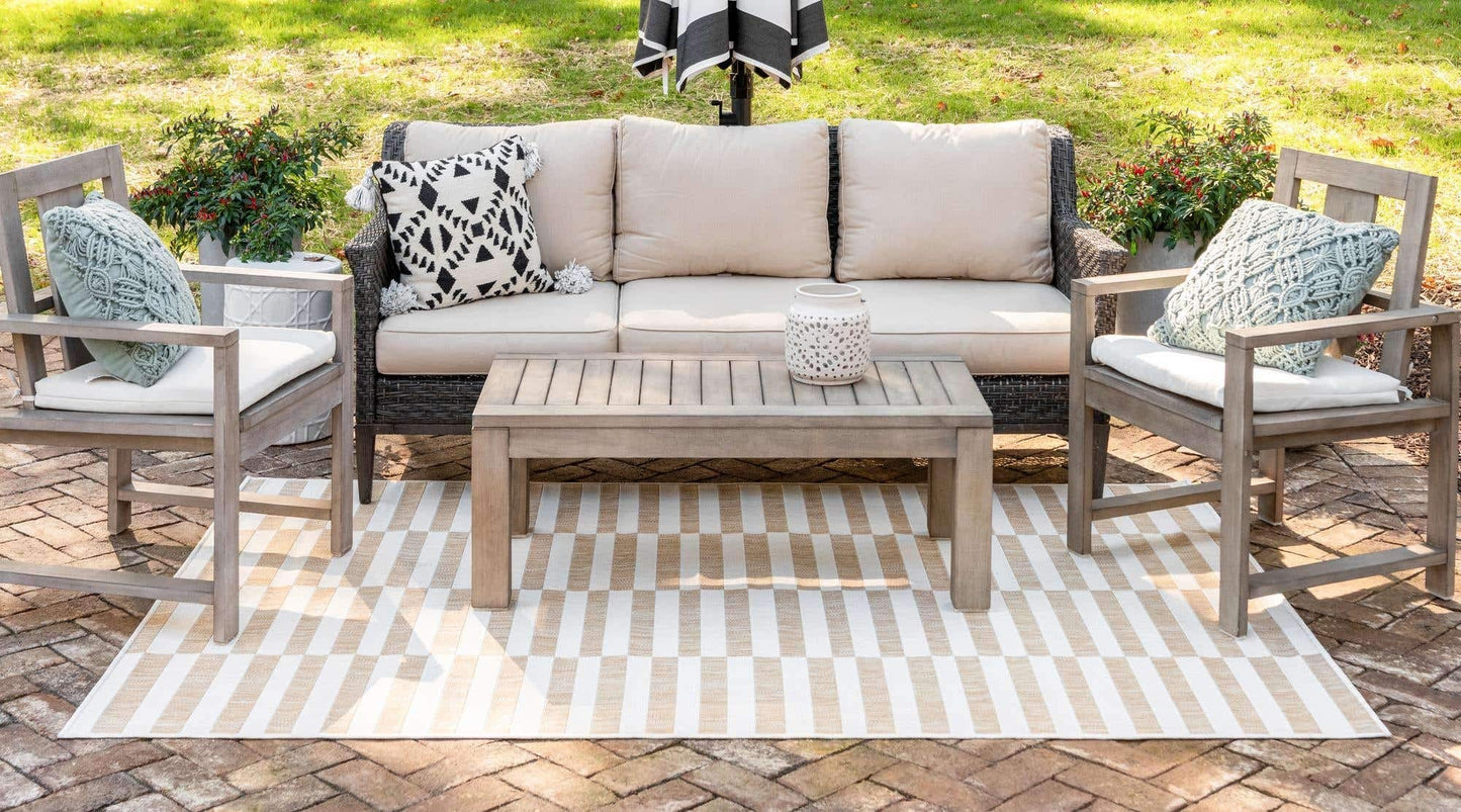 Unique Loom Outdoor Collection Classic Stripes, Transitional Indoor & Outdoor Area Rug 8' 0" x 11' 0", Light Brown/ Ivory