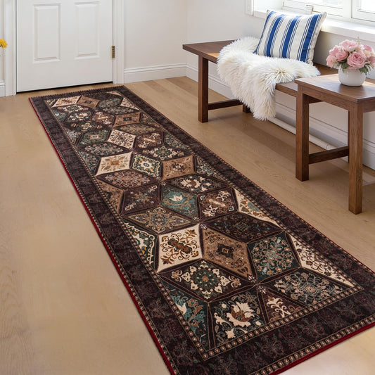 QDUIDU Moroccan 2x6 Runner Rug, Vintage Distressed Boho Floral Geometric Patchwork Washable Non Slip Throw Floor Long Carpet Runner for Hallway Entryway Kitchen Bathroom Bedroom Livingroom Rug, Brown