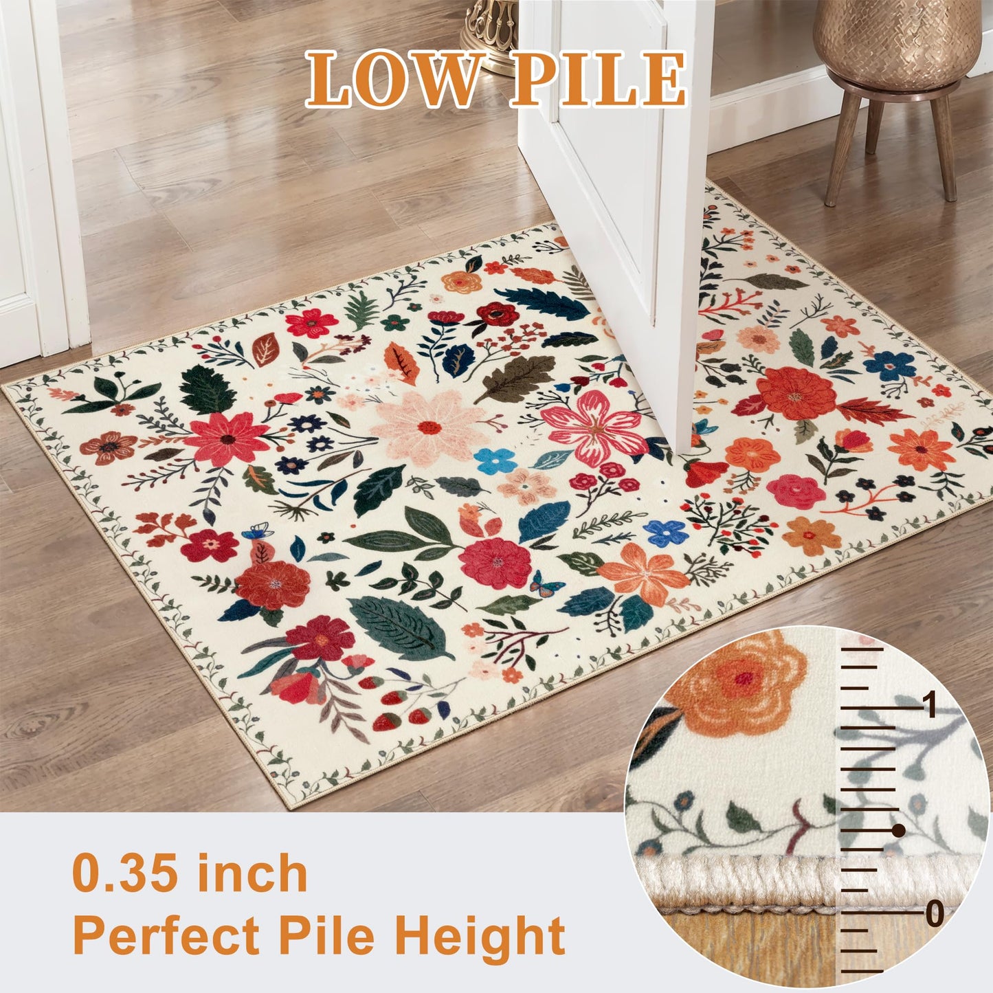 Tangsoo 2x3 Small Area Rug for Entryway, Non Slip Machine Washable Boho Floral Entry Rug, Soft Low Pile Throw Rugs Door Mat Indoor Entrance Floor Carpet for Bedroom Kitchen Bathroom, Kids Room(Beige)