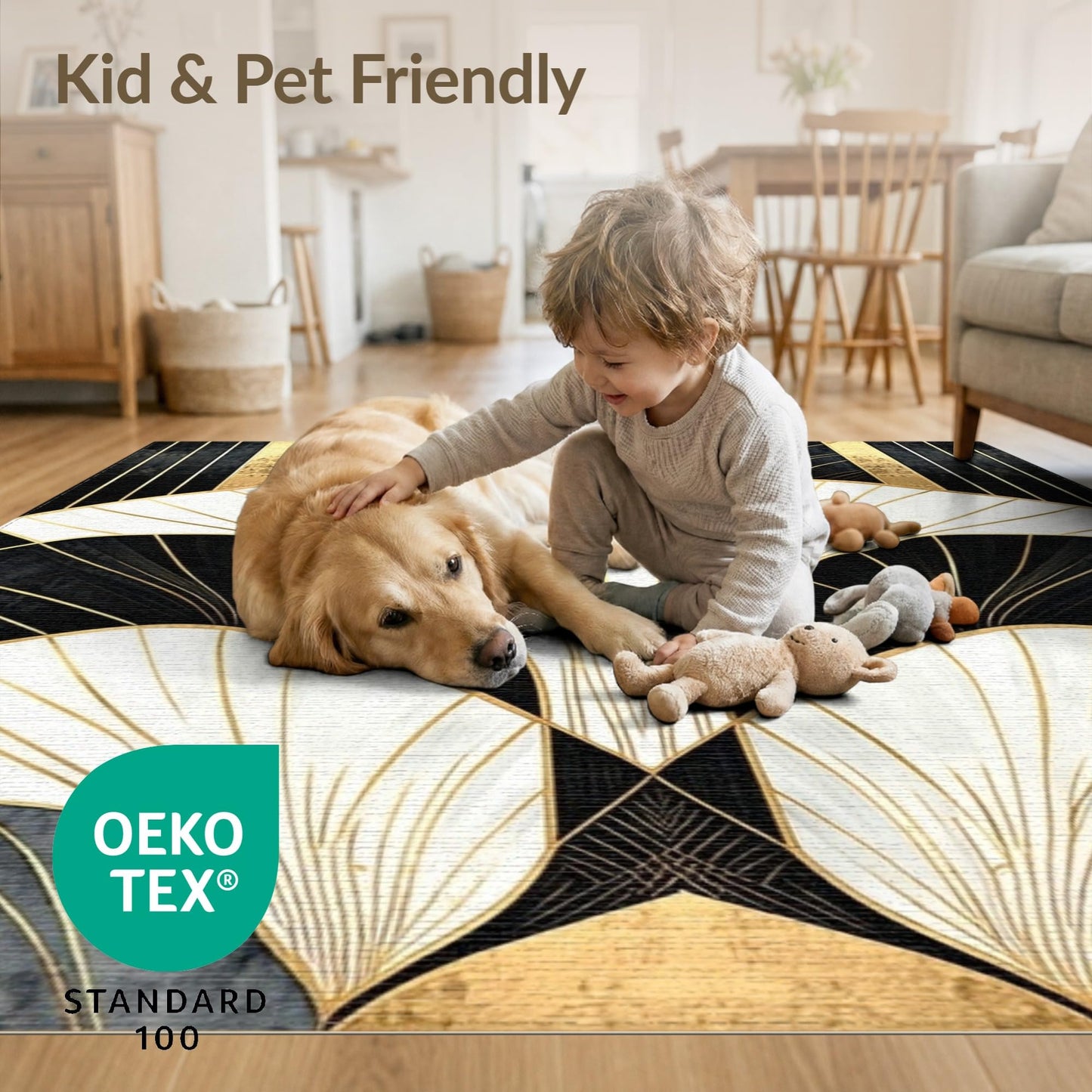 Flatwoven High Traffic Area Rug 4x6, Art Deco Inspired Rug with Stylized Fan Motifs and Angular Linework Design, Non Slip, Stain Resistant, Washable Area Rugs for Living Room, Bedroom (Black, 4x6)