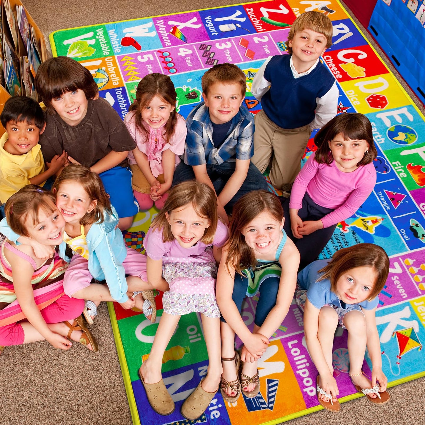 LTKOUGFAM USA Map ABC Kid Rug for Playroom 59"×39.4" Geography Classroom Play Rug Educational Kids Playmat Alphabet Mat State Symbols, ABC Letters, Numbers, Seasons&Shapes Non-Slip Preschool Playmat