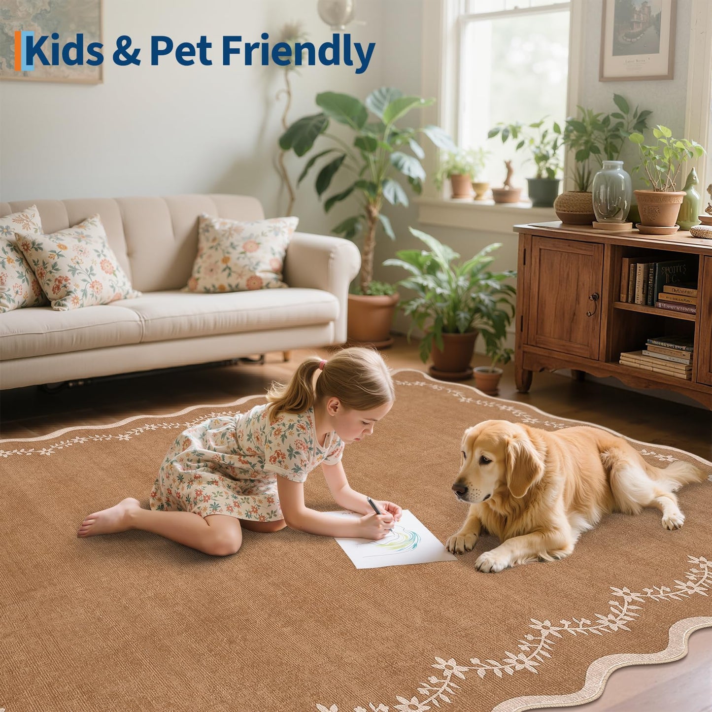 GarveeHome 5x7 Scalloped Area Rug Brown Washable Rugs for Living Room Bedroom, Soft Low Pile Non Slip Accent Floor Mat Solid Floral Print Throw Rug Farmhouse Indoor Carpet for Dorm Playroom