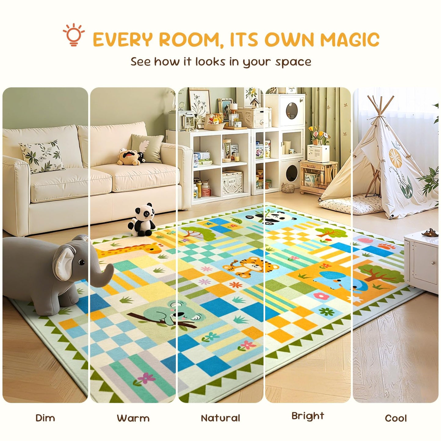 4x6 Washable Kid Playroom Rug, Unisex Green Safari Jungle Woodland Animal Toddler Carpet, Soft Non-Slip Baby Nursery Area Rug with Cute Colorful Checkered Design for Boy Bedroom