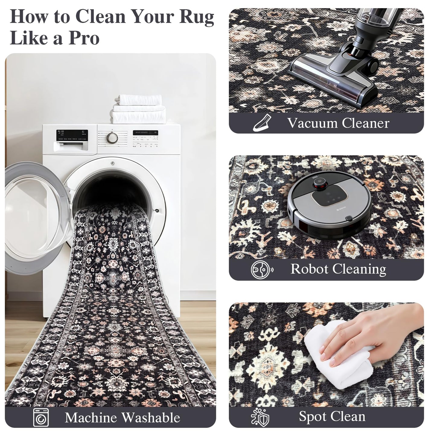 Washable 2x3 Area Rug for Entry Bathroom Kitchen Bedroom Carpet - Indoor Soft Non Slip Low Pile Throw Small Door mat - Protect Hardwood and Laminate Flooring Floral Farmhouse Decor 2x3 Black