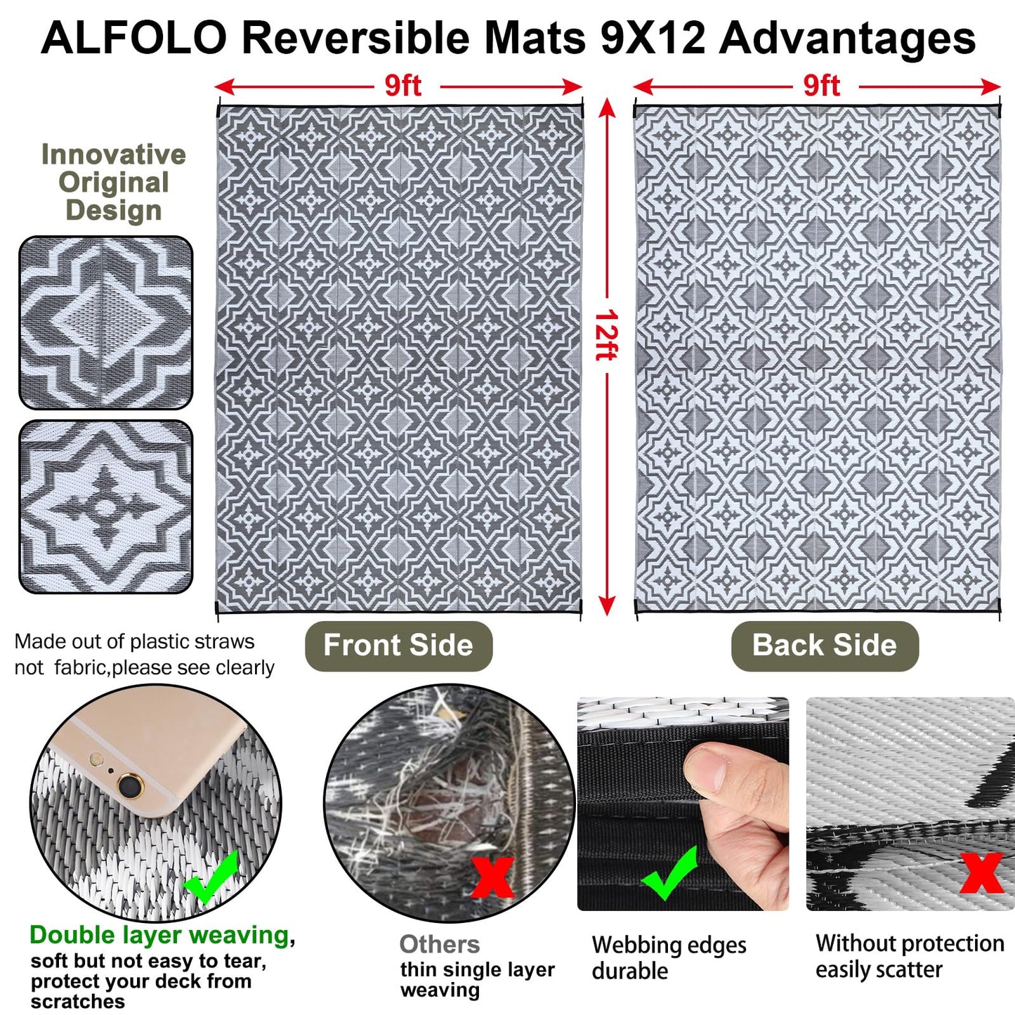 Alfolo Outdoor Rug 9x12 for Patios Clearance,Outdoor Plastic Straw Rug,Waterproof Camping Rugs for Outside Your Rv, Deck, Porch,Beach,Picnic,Pool Grey Recyclable,Easy Cleaning Outside Mats with a Bag