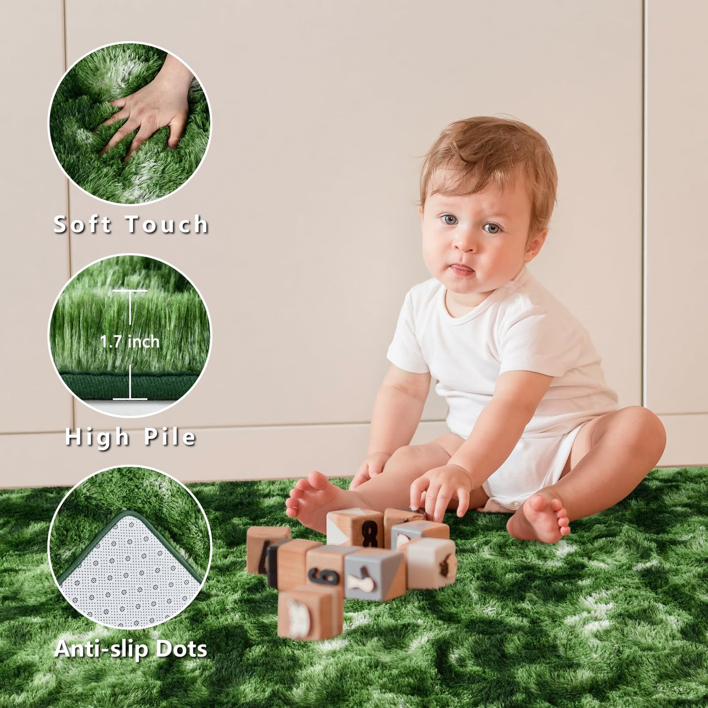Larhom Nuttumico Fluffy Modern Area Rugs for Living Room Bedroom, 4x6 Feet Plush High Pile Dark Green Rug for Kids Girls Room Nursery Home Decor, Upgrade Non-Slip Girls Bedroom Soft Indoor Rug