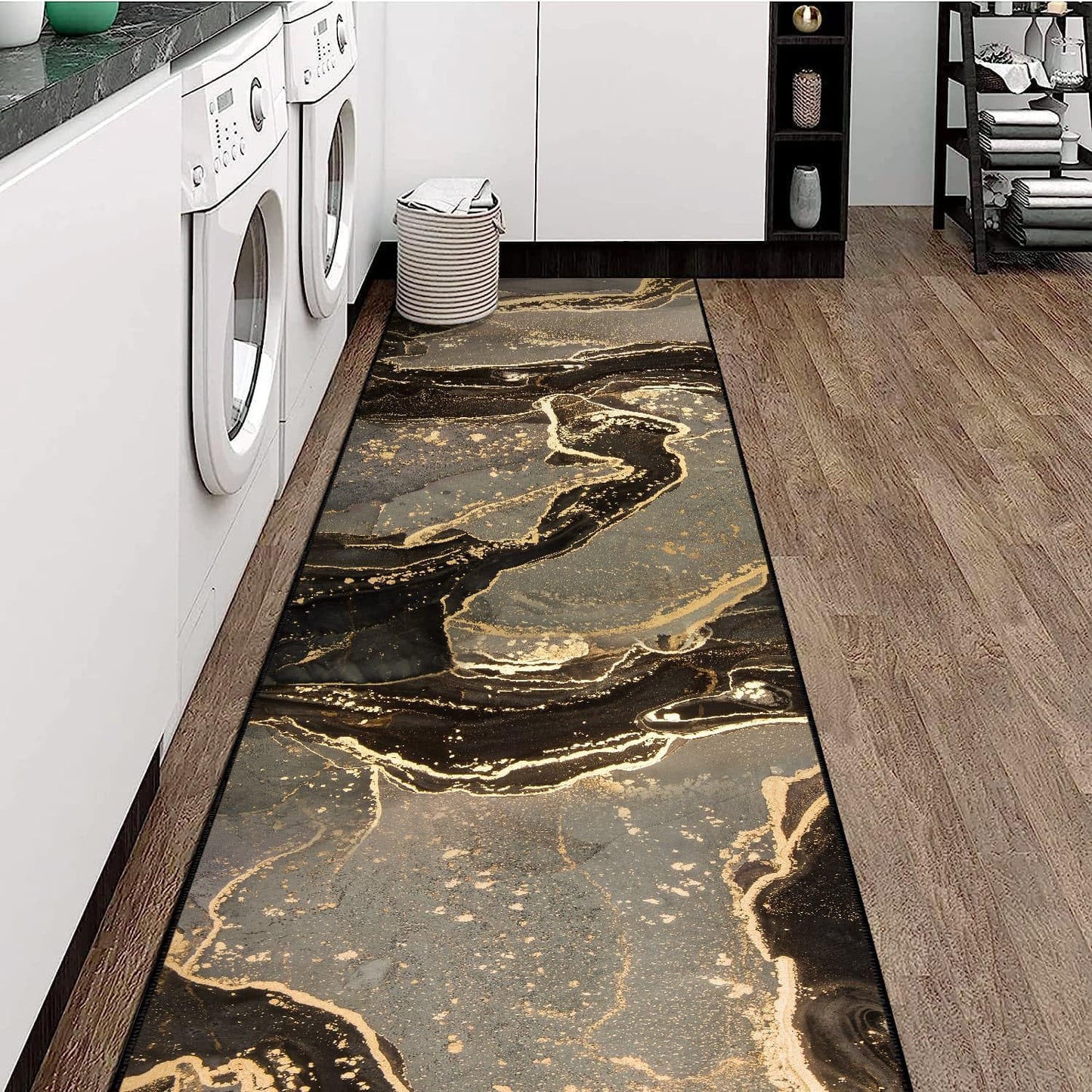 Modern Abstract Marble Runner Rug - 2x8 Luxury Hallway Rug Non-Slip Soft Washable Runner Rug for Entryways Hallways Bedroom Laundry Room Kitchen (Brown/Gold)