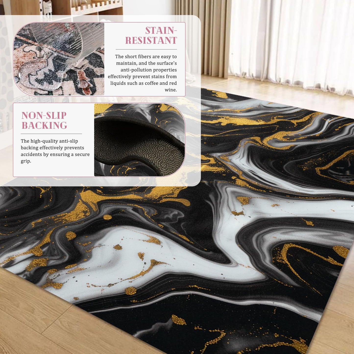 EDGZKO Black and Gold Area Rug: 6x9 Feet Abstract Black Marble Rugs for Living Room Washable Non Slip Floor Carpet Aesthetic Doormat for Dining Room Bedroom Kitchen Dorm Office