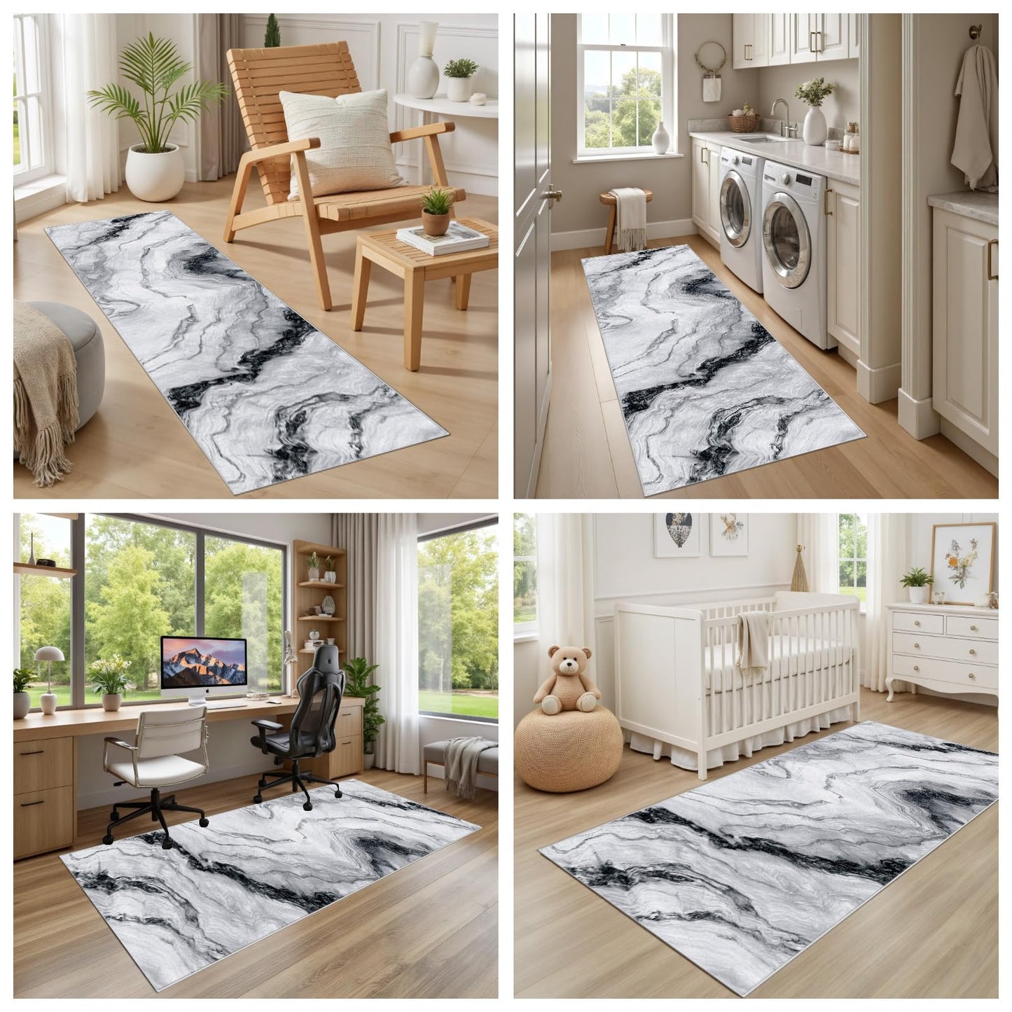 Marble Swirl Runner Rug Non Slip, Minimalist Gray White Carpet Runners for Hallway 2x8 ft, Modern Abstract Marble Throw Rugs Washable Kitchen Rug Floor Mat Rugs for Bathroom Laundry Room Entryway