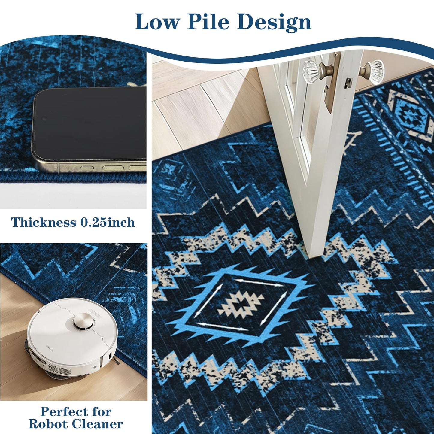 Yinhua Western 2x3 Rug Non-Slip, Aztec Entryway Rugs Low-Pile, Navy Blue Moroccan Washable Rug Stain Resistant, Front Door Rugs with Rubber Backing for Bathroom Kitchen Hallway