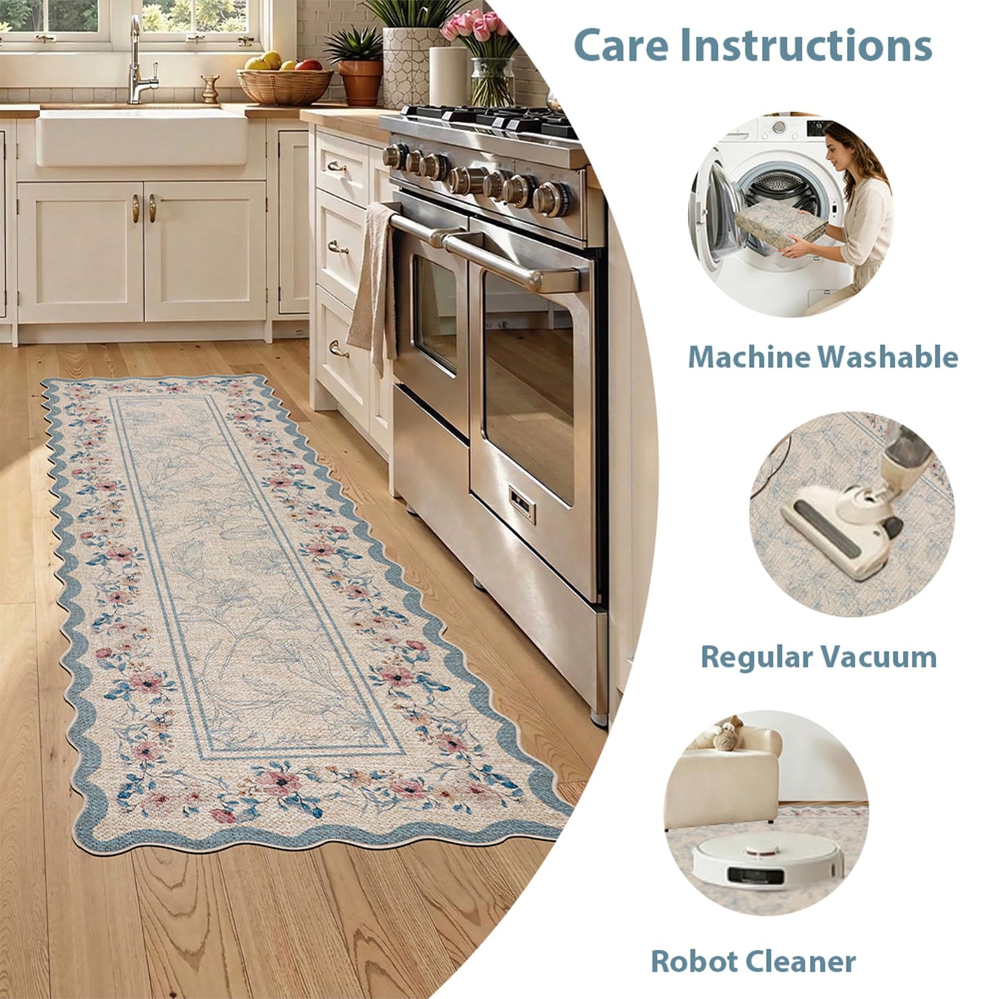 ORTIGIA Scalloped Easy Jute Runner Rug 2x6 ft Farmhouse Blue Floral Washable Kitchen Rug Non-Slip Low-Pile Indoor Outdoor Carpet for Bedroom Dining Entryway Hallway Patio Laundry Room