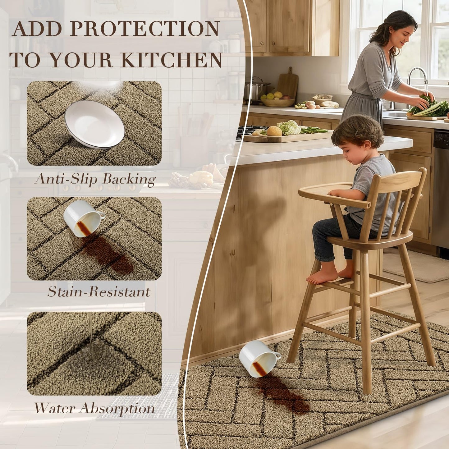 Kitchen Runner Rugs,20"x48" Non Slip Kitchen Mats for Floor-Thick Stain Resistant Kitchen Floor Mat Runner Carpet for Hallways Entryway Laundry Room Washable(Khaki)