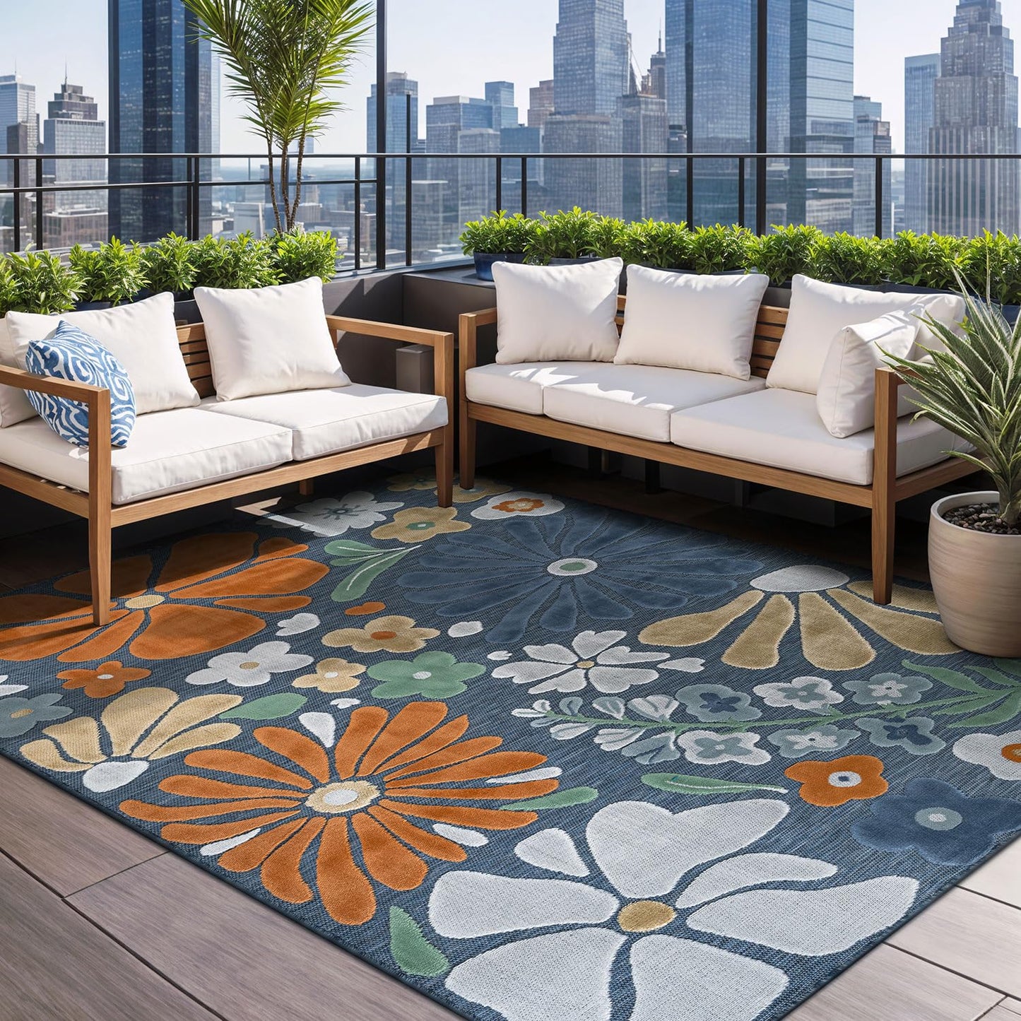 Beverly Rug Outdoor Rug 9x12 Large Modern Floral Tropical Area Rugs for Outdoor and Indoor Patio Easy to Clean Non Shedding Living Room Porch Garden Washable Outside Carpet (9 x 12 Midnight)