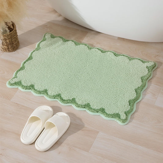 ORTIGIA Small Green Scalloped Bath Mat, Cute Plush Microfiber Scallop Bathroom Rugs Non Slip Washable Quick Dry Absorbent, Bathmat Carpet for Shower Stall Vanities Kitchen Floor Entrance, 17x24