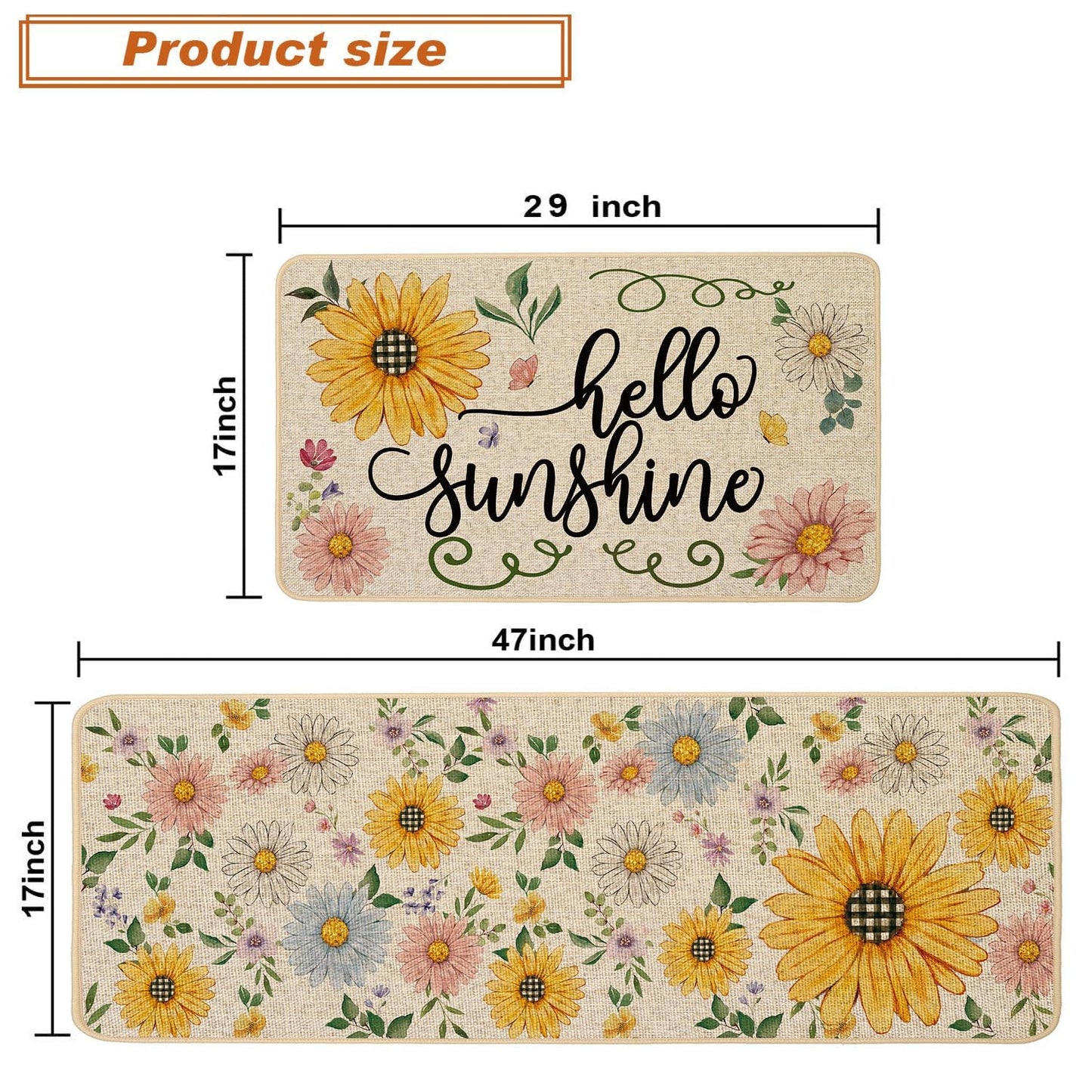 Baccessor Spring Summer Kitchen Rugs Set of 2, Sunflower Daisy Butterfly Floral Kitchen Mats for Floor Low-Profile Summer Holiday Home Decor 17x29 and 17x47 Inch