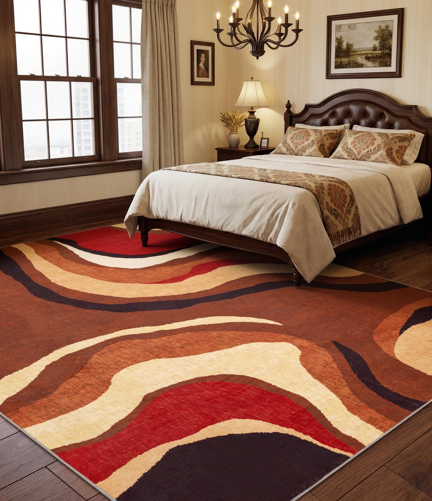 YIHOUSE Burnt Orange Rug 8x10 Washable,Alfombras para Salas,Farmhouse Brown Retro Carpets,Geometric Abstract Wavy Rug for Living Room,Unique Colorful Rugs for Bedroom,Dining Room