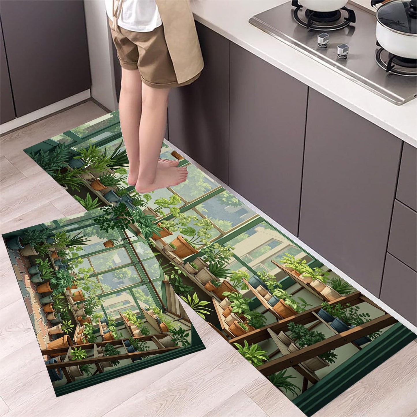 Greenhouse Potted Plants Kitchen Rug, Waterproof Non-Slip Realistic Green Plants 2PCS Kitchen Floor Mat, Anti-Fatigue Standing Green Mats and Rugs Set, for Home Sink Laundry Hallway 20"x59"+20"x31"
