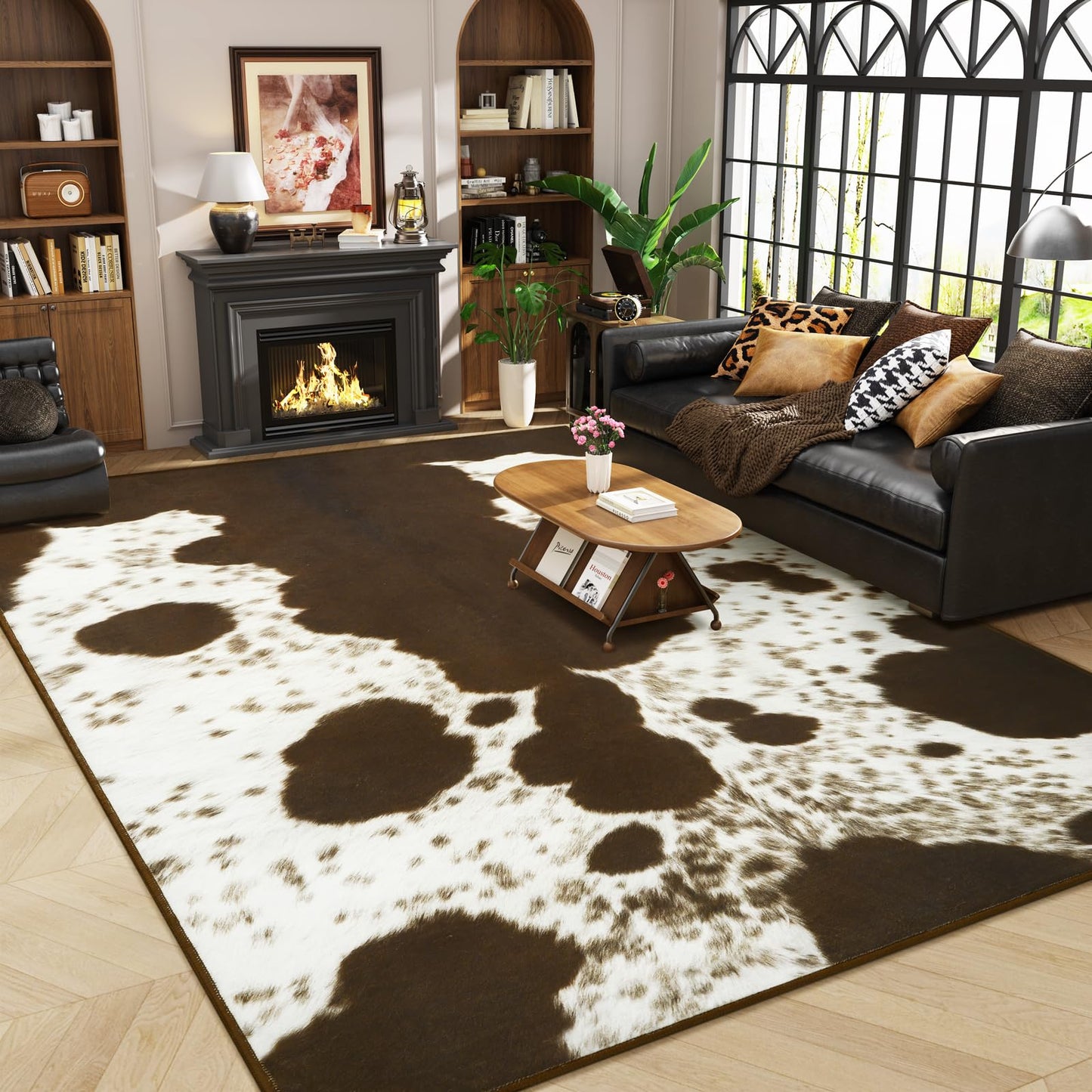 Amearea Faux Cowhide Rugs for Living Room, 4x6 Feet Machine Washable Cow Print Area Rug for Bedroom, Premium Western Home Decor Animal Print Non-Slip Throw Rug Carpet for Dining Room Kitchen Office