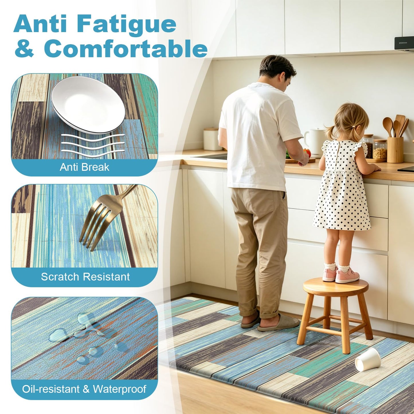 LOKHOM Anti Fatigue Kitchen Mats for Floor, 24x59 Non Slip Modern Cushioned Standing Comfort Kitchen Runner Rug, Waterproof Geometric Patchwork Memory Foam Padded for Sink Laundry Office, Teal