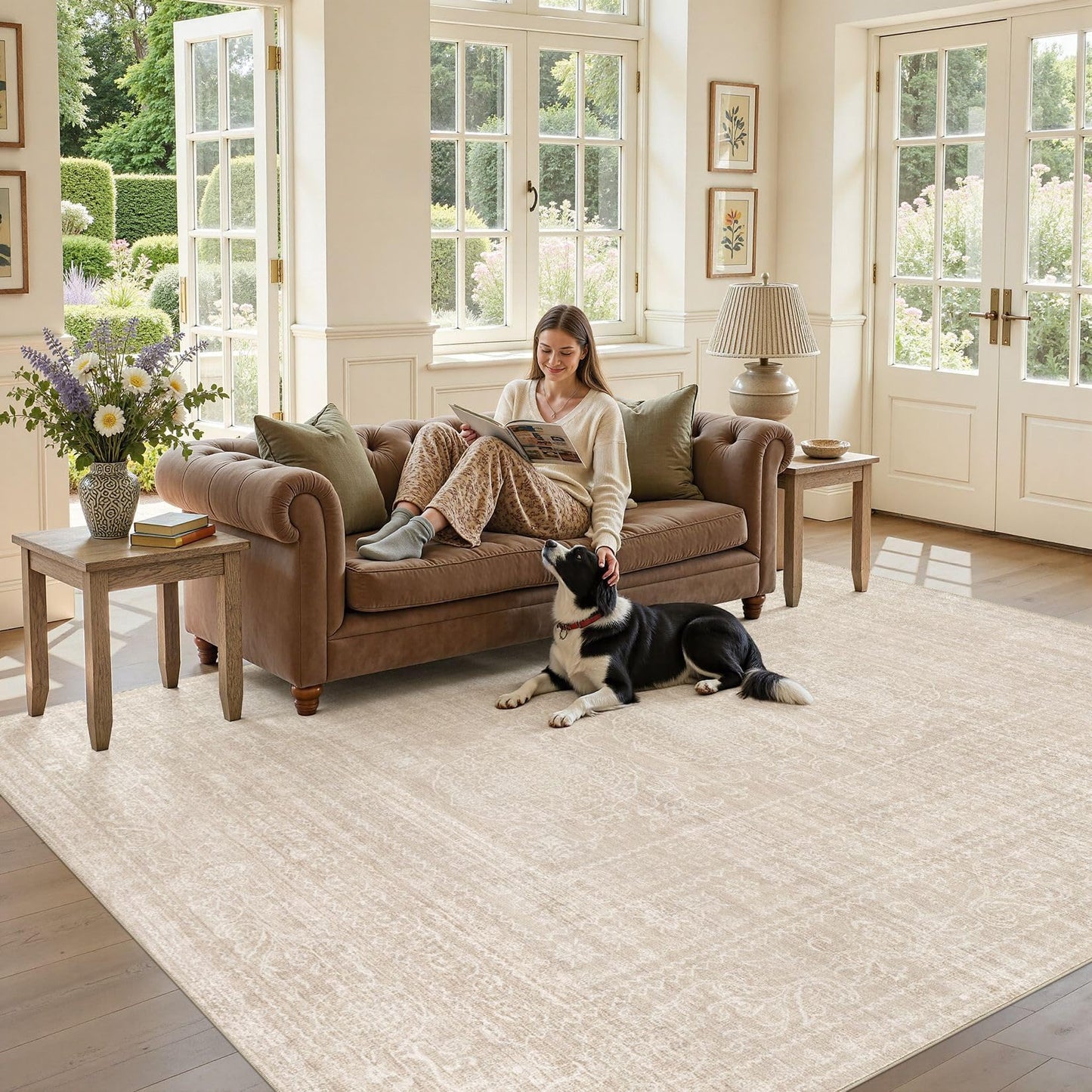 Nakagishi 10x14 Area Rugs Living Room: Washable Large Vintage Rug Neutral Non-Slip Soft Stain Resistant Indoor Carpet for Bedroom Nursery Dining Room Office Playroom - Beige