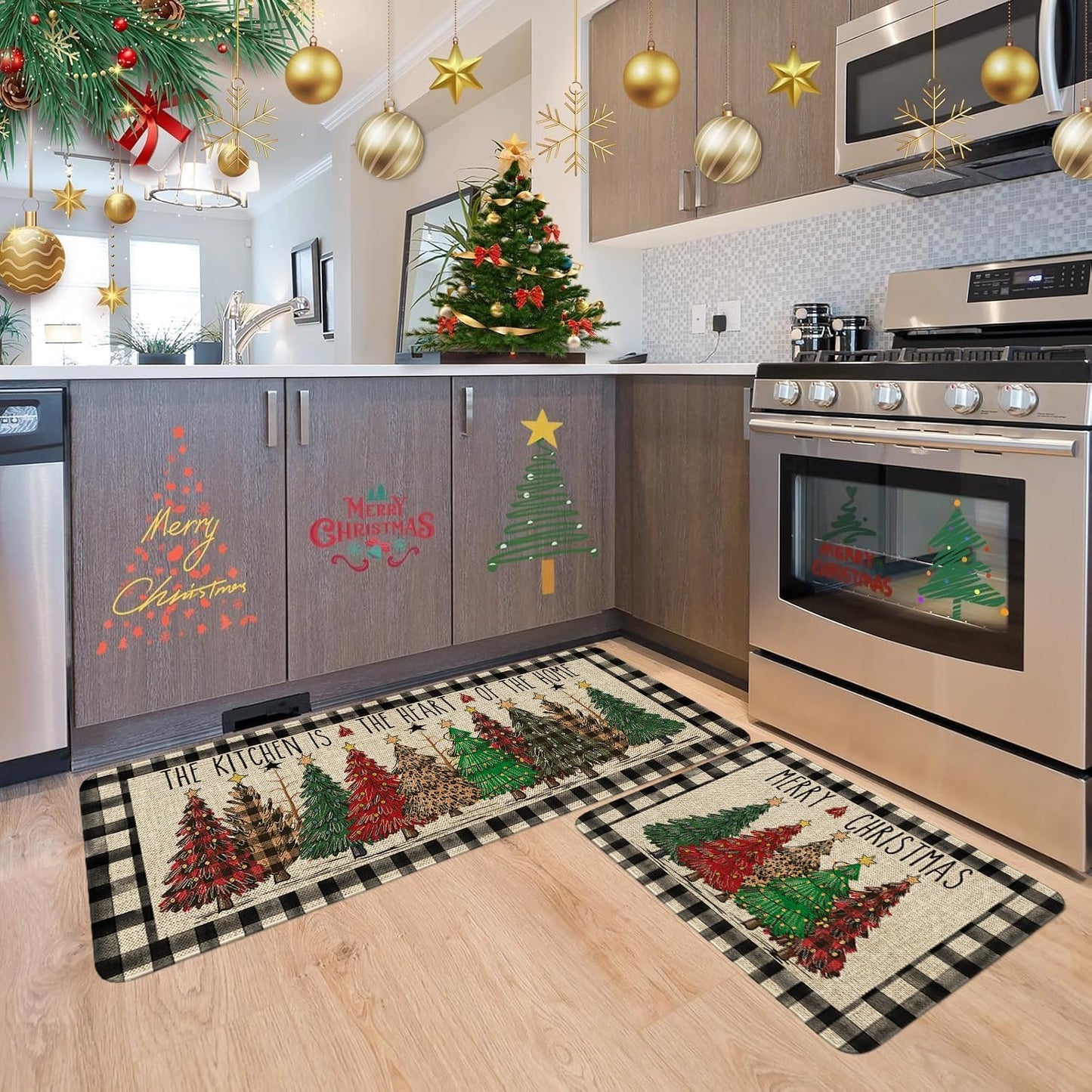 bchiijds Christmas Tree Kitchen Mat Decor, Black & White Buffalo Plaid Christmas Kitchen Rugs Set of 2 Non Slip Indoor Xmas Holiday Floor Mat Runner Rug Home Decorations