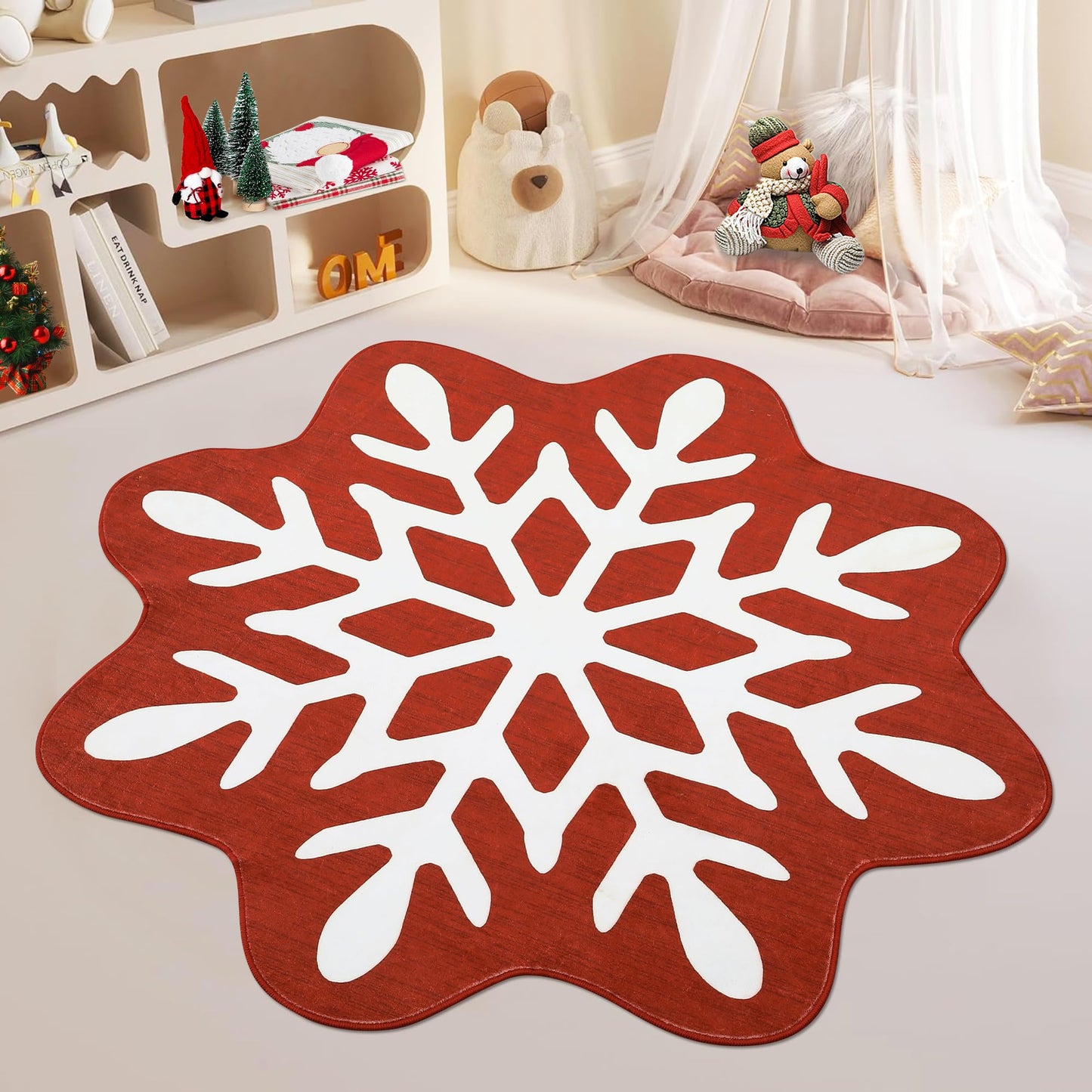 GarveeHome Christmas Round Rug Washable Area Rugs 3ft Circle Rug for Living Room Non Slip Soft Non Shedding Throw Rugs Low Pile Stain Resistant Room Decor Carpet for Dining Room Snowflake 3 ft x3'