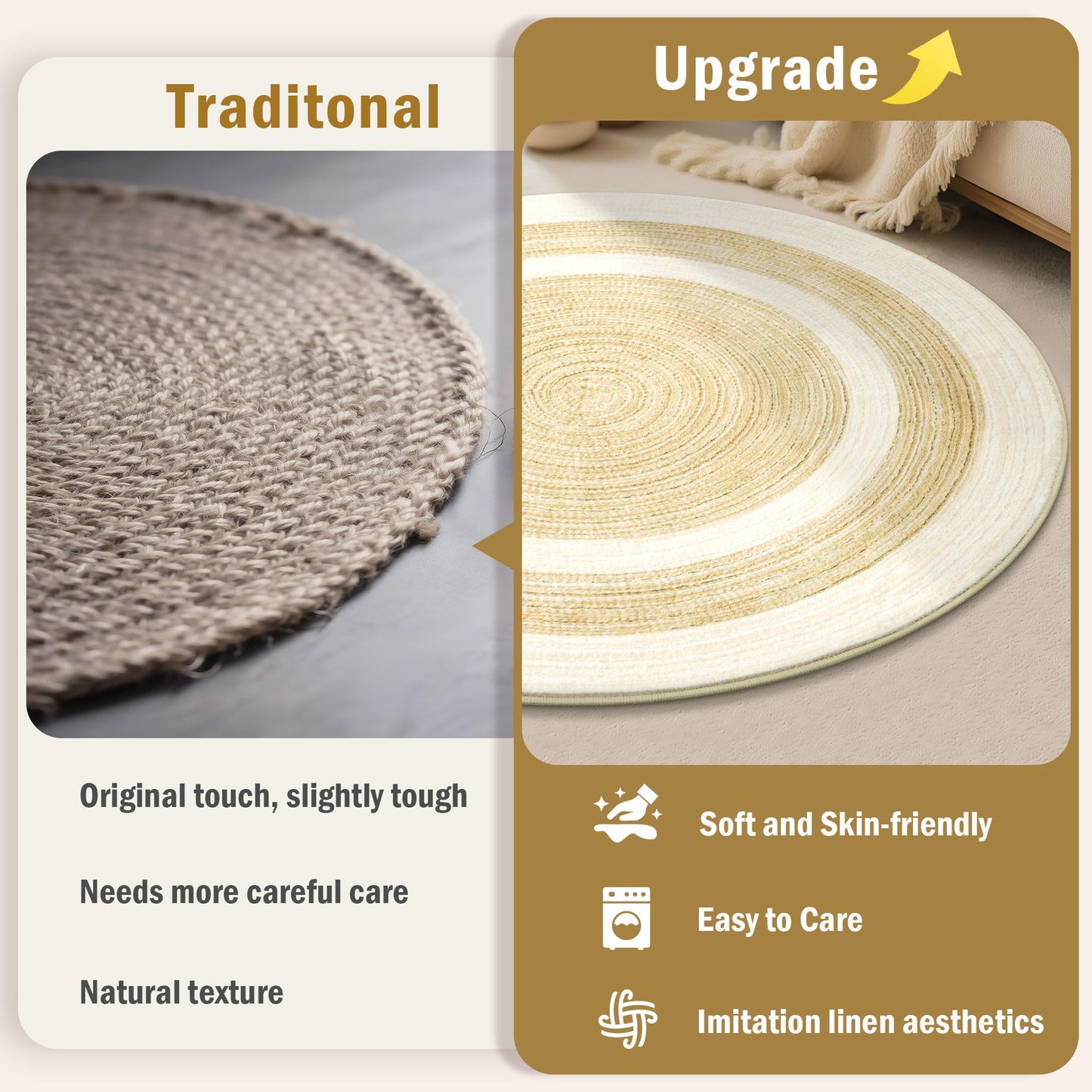 Carvapet 4 ft Round Washable Rug, Imitation Jute Low Pile Circle Carpet with Non Slip Rubber Backing, Foldable Stain Resistant Area Rug for Living Room Bedroom Office Bathroom