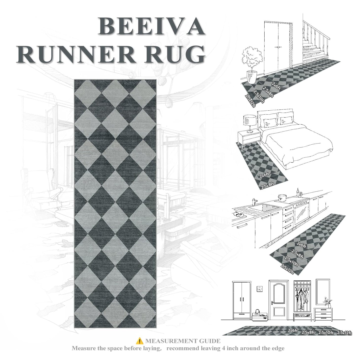 Beeiva Checkered Print Hallway Rug 2x6, Ultra Thin Kitchen Rug Runner Non Slip Washable Carpet Runners for Hallway 6ft, Modern Diamond Stain Resistant Floor Carpet for Bathroom Bedroom Entryway