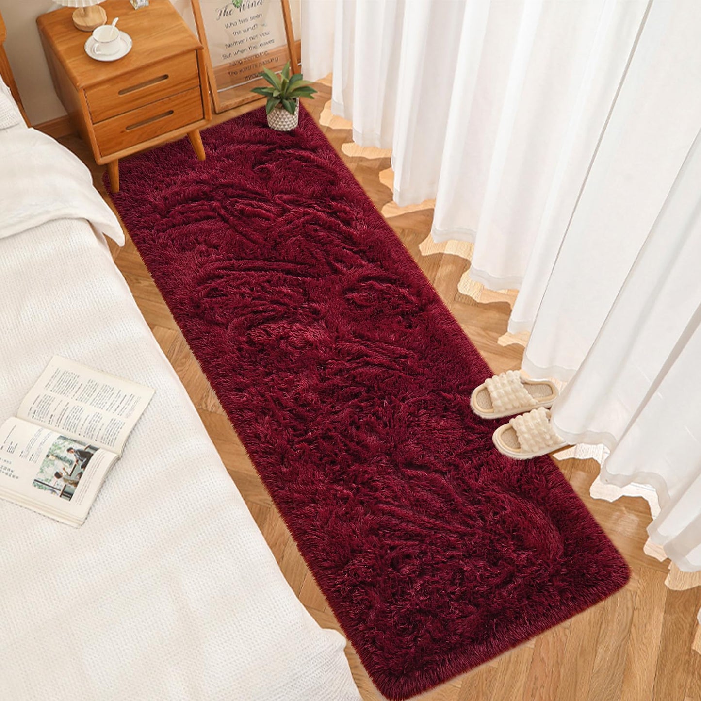 DweIke Fluffy Burgundy Red Runner Rugs for Bedroom, 2x6 Feet Soft Plush Long Runners for Girls Boys Kids, Non-Slip and Machine Washable Bedside Rug, Small Throw Carpet for Hallway Rooms Decor