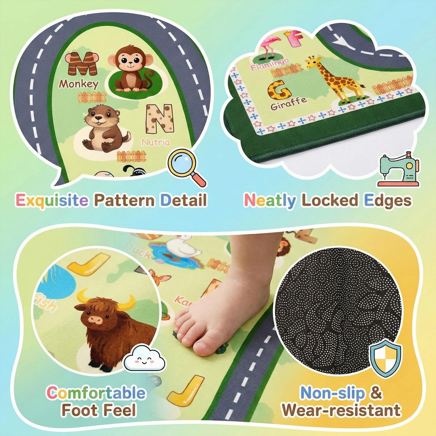 FJKJHKGJ ABC Rugs for Kids Playroom, 3x5 Feet Learning Rug for Kids Room with Car Track & Animals, Non-Slip Educational Floor Mat for Toddler Nursery Classroom, Green