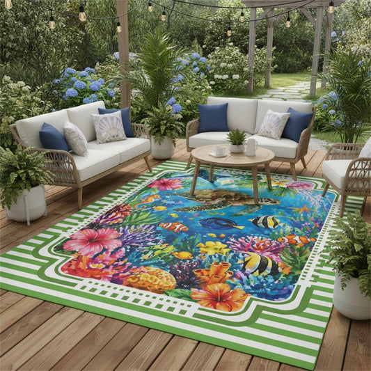 Tropical Ocean Floral Striped Border Outdoor Rugs 4x6 for Porch Patio Deck Backyard Waterproof Non Slip Thin Outside Area Rug Balcony Garden Camping Foyer Colorful Sea Turtle Fish Pattern Carpet