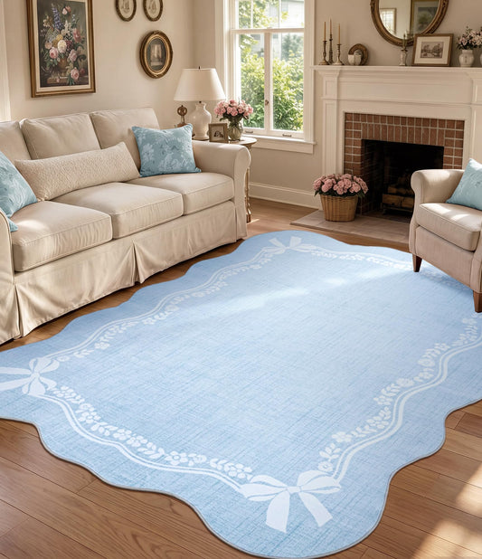 YIHOUSE 5'x7' Area Rug Blue Bow Scalloped Nursery Rug, Cute Princess Girls Bedroom Rug Washable,Non Slip Soft Low Pile Floral Border Carpet for Living Room Family Room Bedroom Standard Space