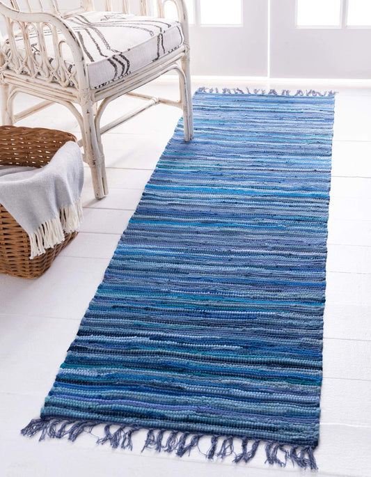 Unique Loom Chindi Cotton Collection Soft Hand Woven Natural Fiber Striped Area Rug, 2 ft 7 in x 9 ft 10 in, Navy Blue/Ivory
