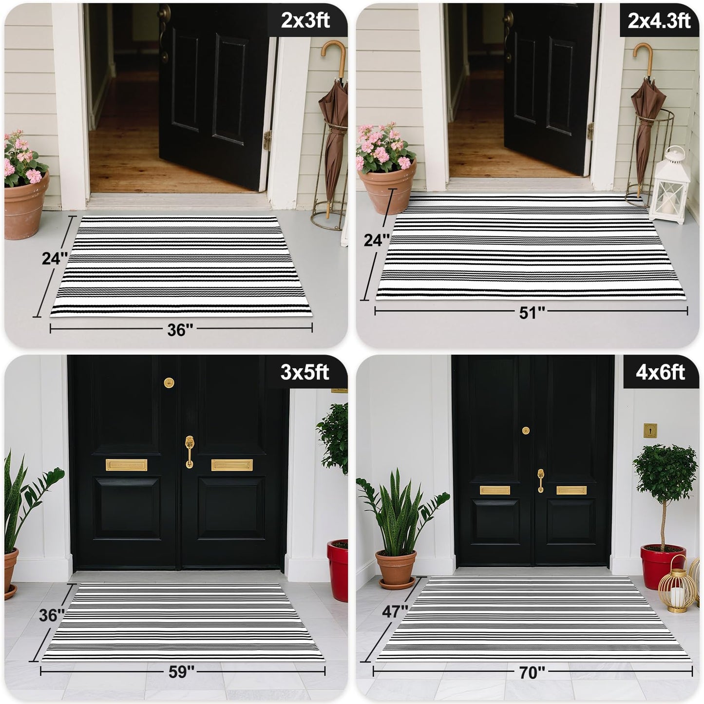 Black and White Striped Outdoor Rug, 2’ x 4.3’ Cotton Hand-Woven Reversible Front Porch Rug Washable Front Door Mat Entryway Rugs Welcome Layered Doormat Carpet for Patio Farmhouse Kitchen