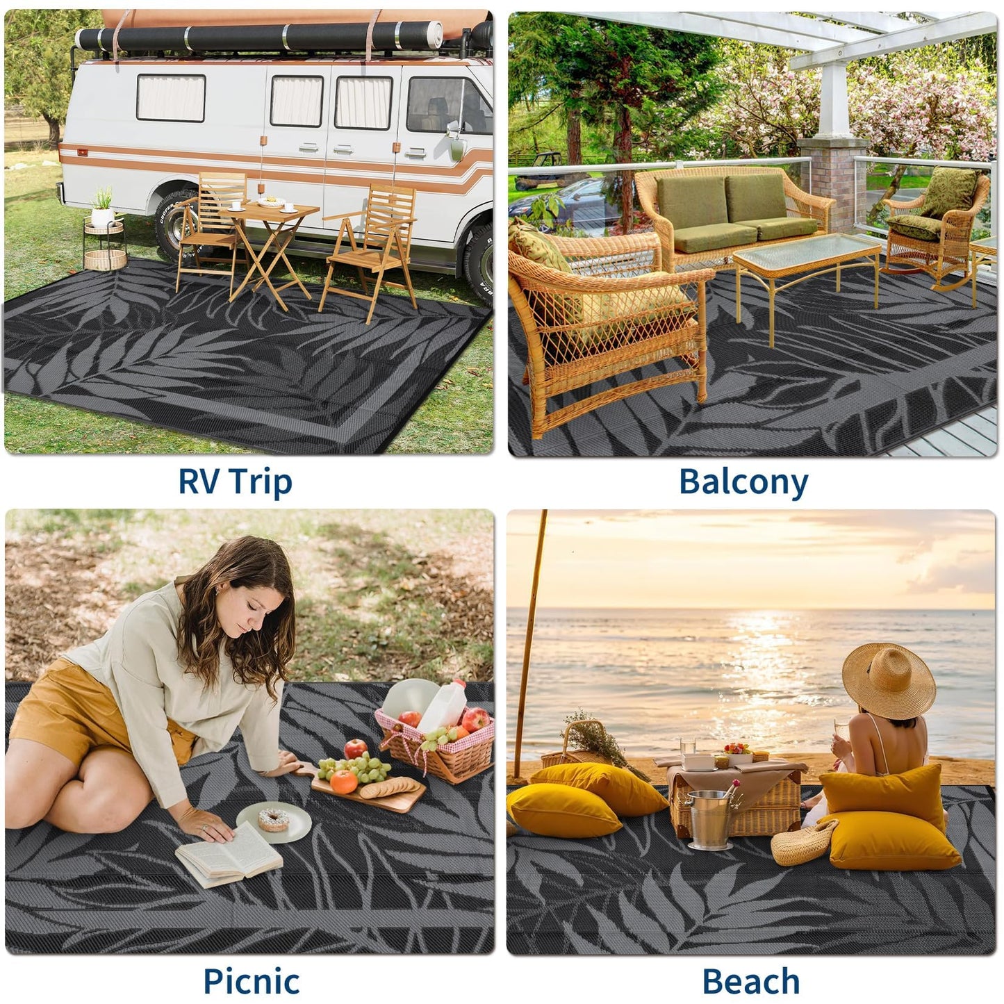 GAOMON 9'x18' Outdoor Rug Waterproof, Reversible Plastic Straw Rug for Large Patio, Backyard, Poolside, Deck – UV Resistant, Heavy Duty, Easy Clean Outdoor Carpet for High Traffic, Black&Brown