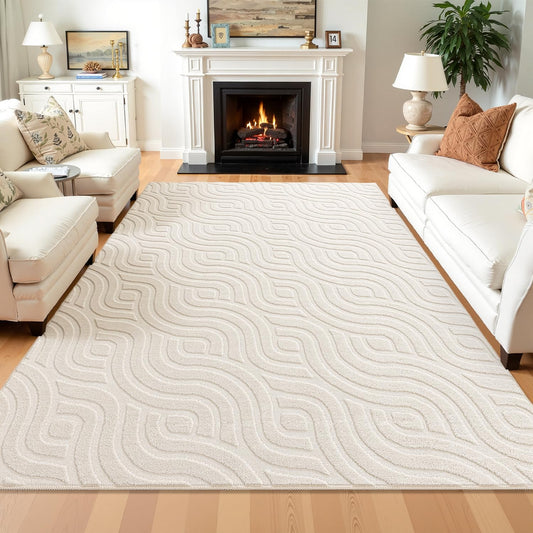 SHACOS 5x7 Soft Area Rugs for Living Room Beige Solid Color Fluffy Rug for Bedroom Non Slip Washable Indoor Mat Floor Carpet for Kids Room Nursery Dining Room, High-Low Pile Boho Modern Rug