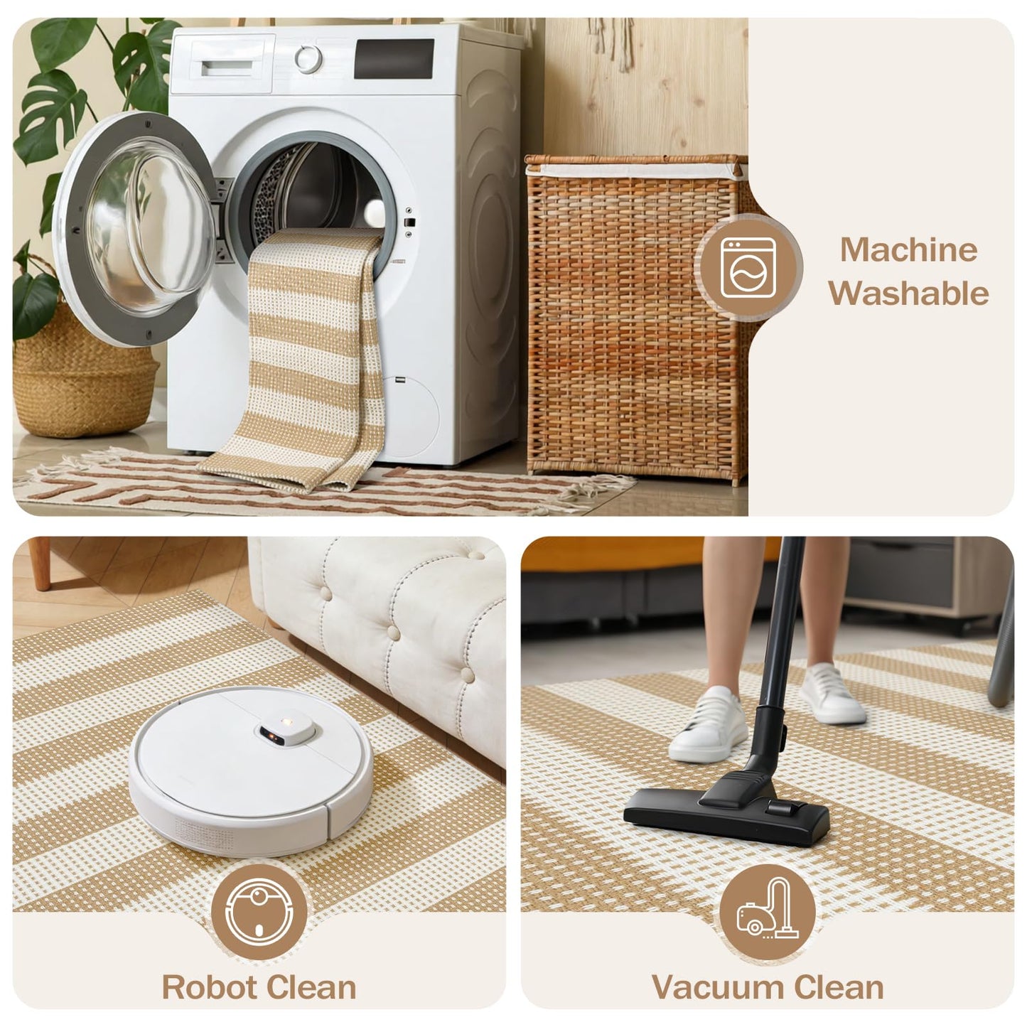 Rugalia Washable Woven Indoor Outdoor Doormat, 2x3 Khaki Cotton Striped Entryway Rug Low Pile Non-Slip Small Kitchen Rug, Modern Farmhouse Throw Carpet for Porch Bathroom Bedroom