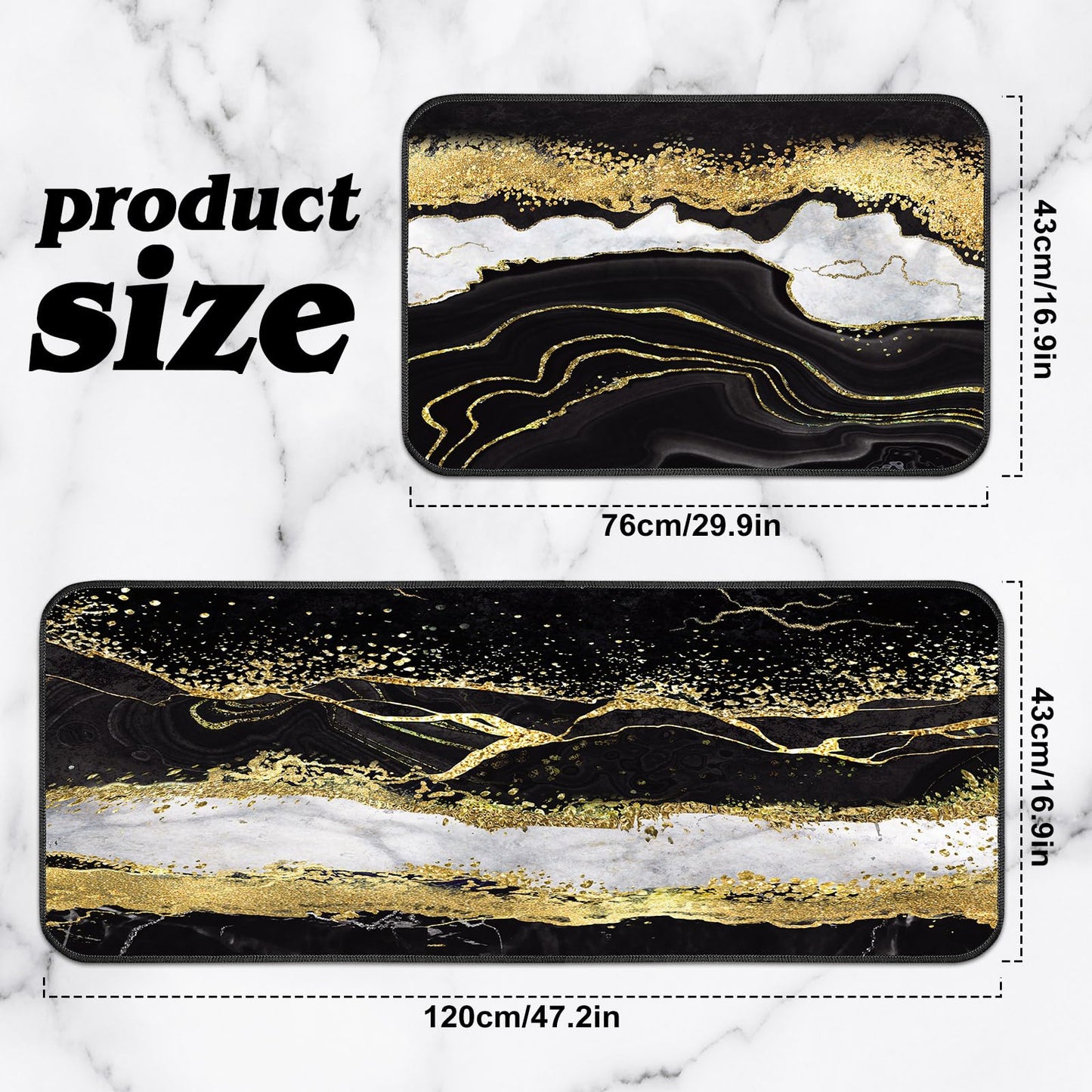 Bencailor Sets of 2 Marble Kitchen Rugs and Mats Black Gold Non Slip Kitchen Rugs Washable Door Mats for Home Floor Winter Bathroom Cabin Decor, 29 x 17 Inch and 47 x 17 Inch