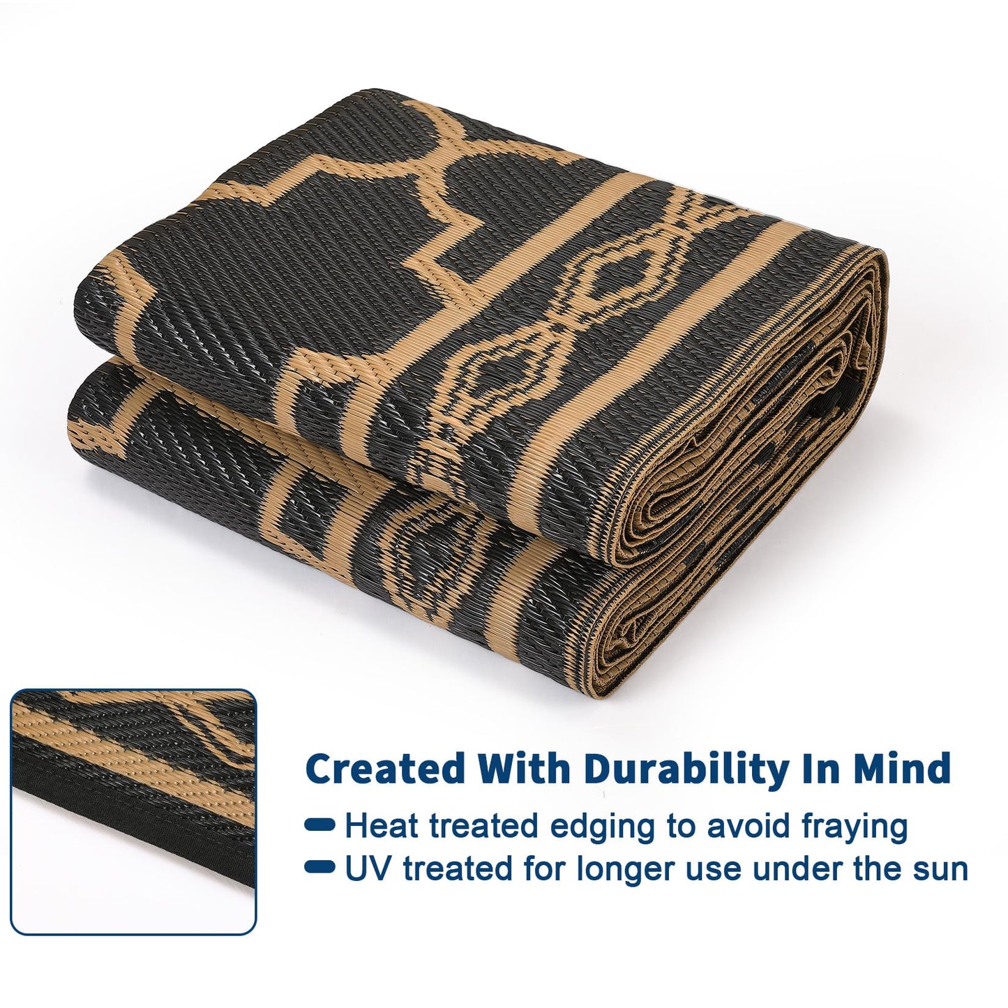 GarveeHome Outdoor Rug 9x12 Waterproof Rug for Patio Clearance Large Plastic Straw Mat Camping Carpet Reversible Plastic Outdoor Rug for RV, Patio, Backyard, Deck, Picnic, Beach, Trailer, Brown/Black