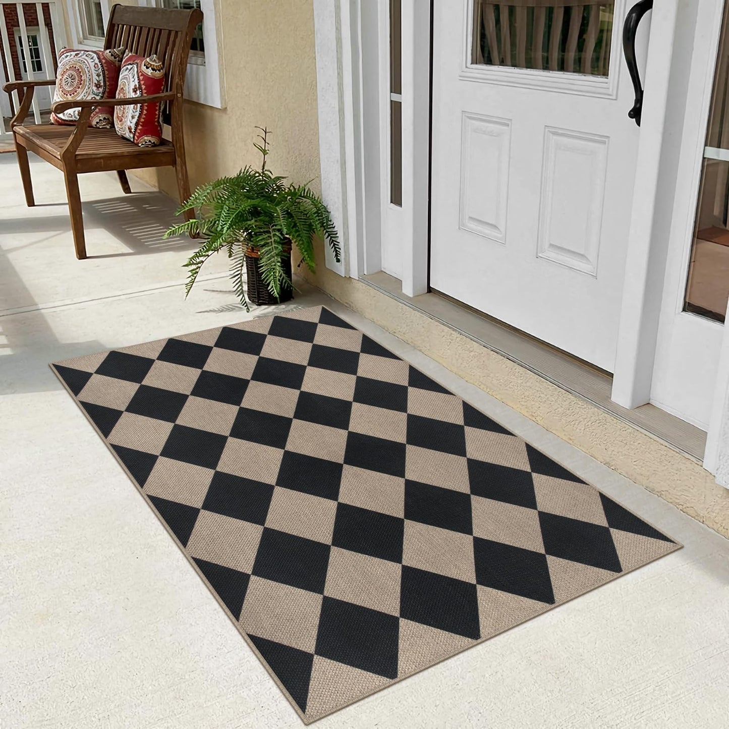 Rugalia Easy Jute Checkered Entryway Rug, 2.6x4 Black Modern Indoor Outdoor Doormat, Washable Non-Slip Neutral Kitchen Rug Farmhouse Diamond Throw Rugs for Entrance Bedroom Bathroom